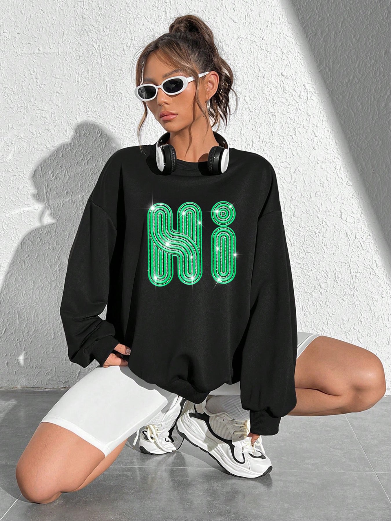 Elengatine Diamond Letter Graphic Thermal Lined Sweatshirt Hoodies