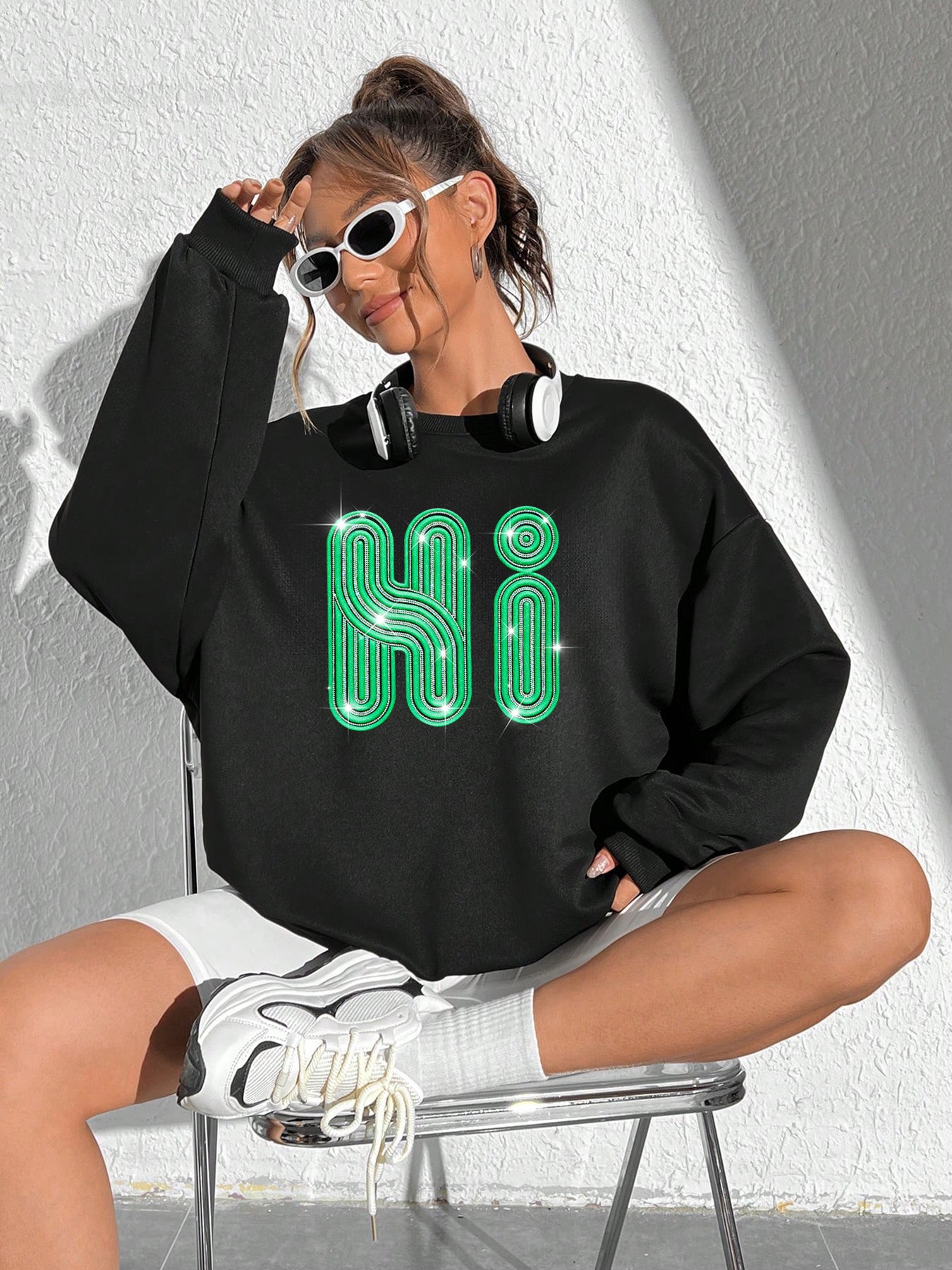 Elengatine Diamond Letter Graphic Thermal Lined Sweatshirt Hoodies