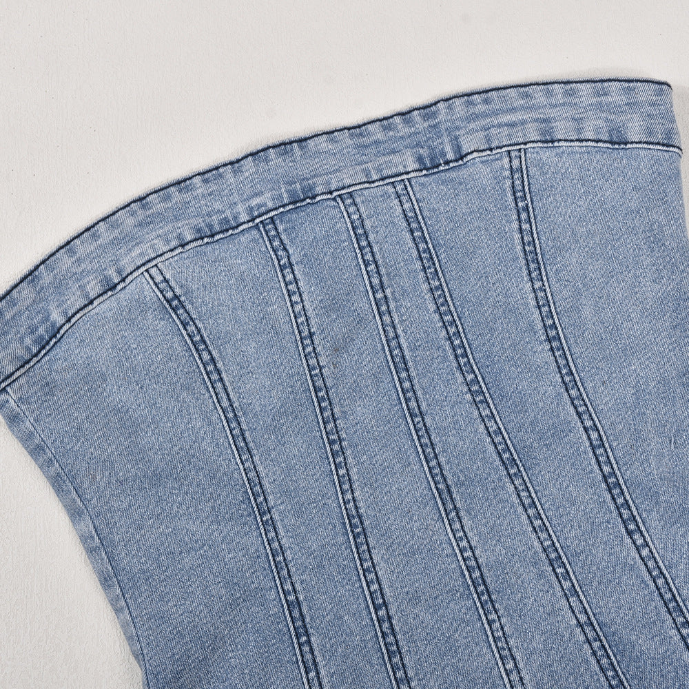 Elengatine Sexy Backless Denim Skirt, Washed breast-wrapped Dress for Women,Sleeveless Skirt For Spring&Summer, Zipper One-piece Collar Design Women Dress 9220DD