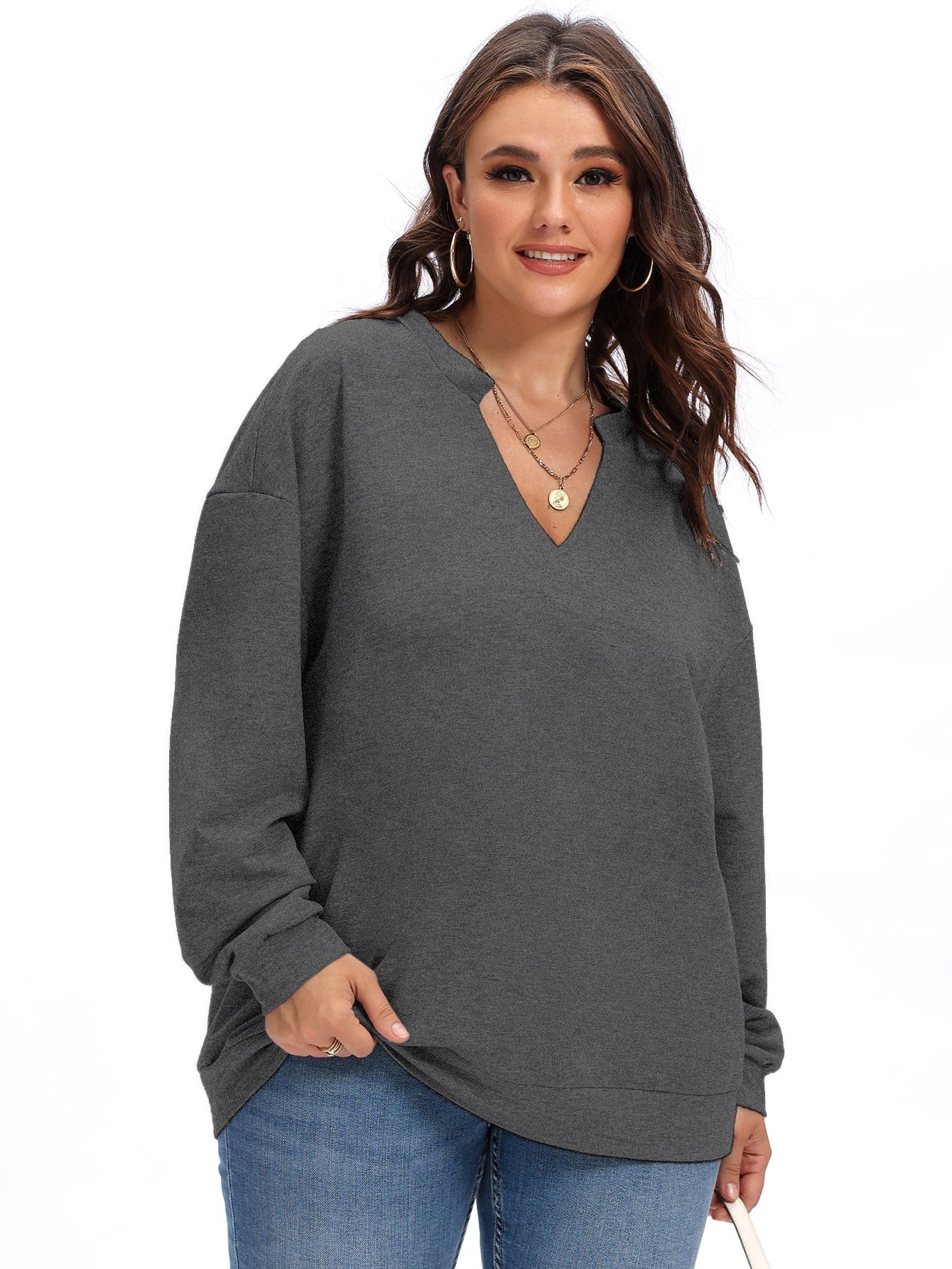 Elengatine Plus Solid V Neck Drop Shoulder Top