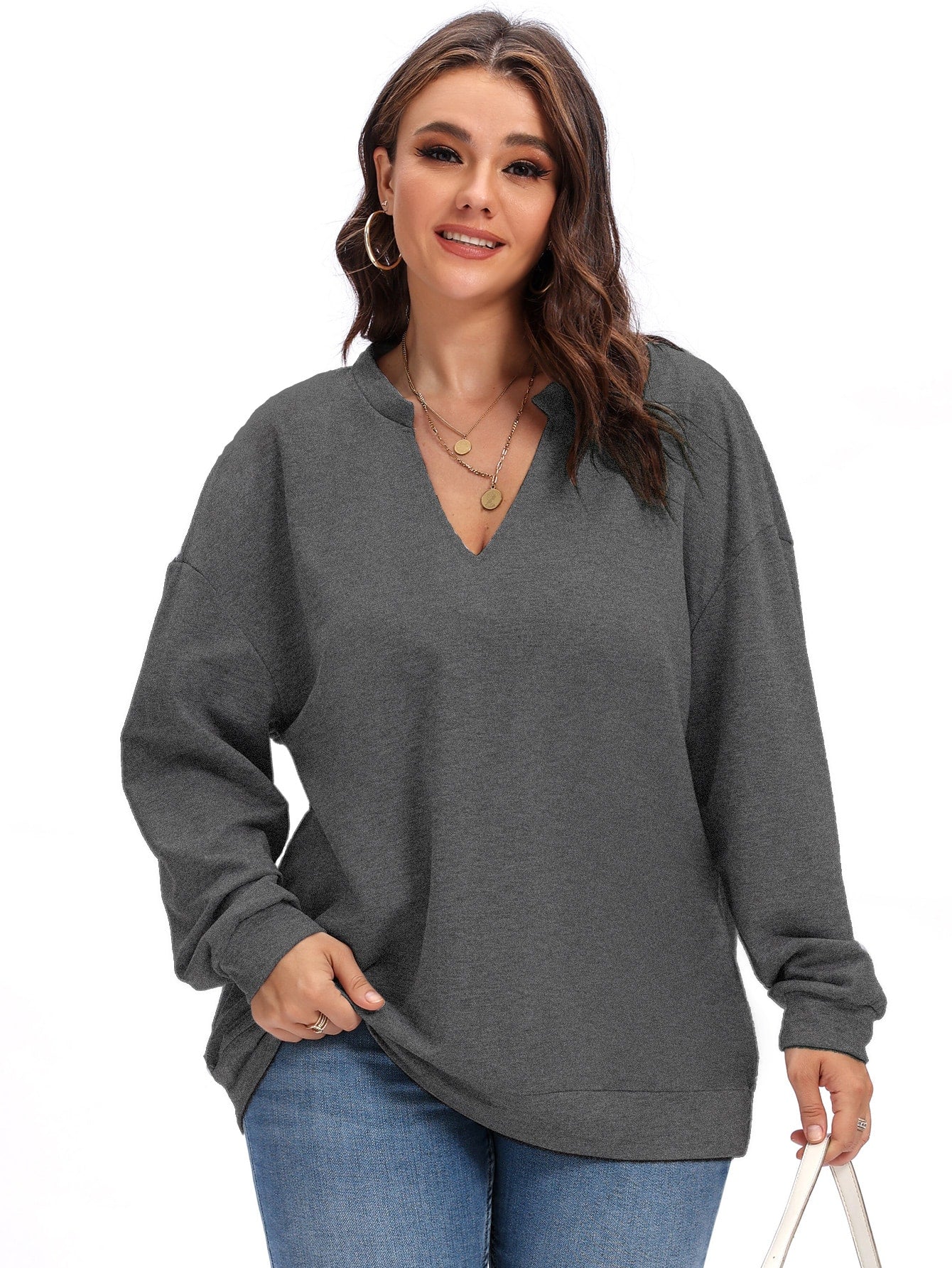 Elengatine Plus Solid V Neck Drop Shoulder Top