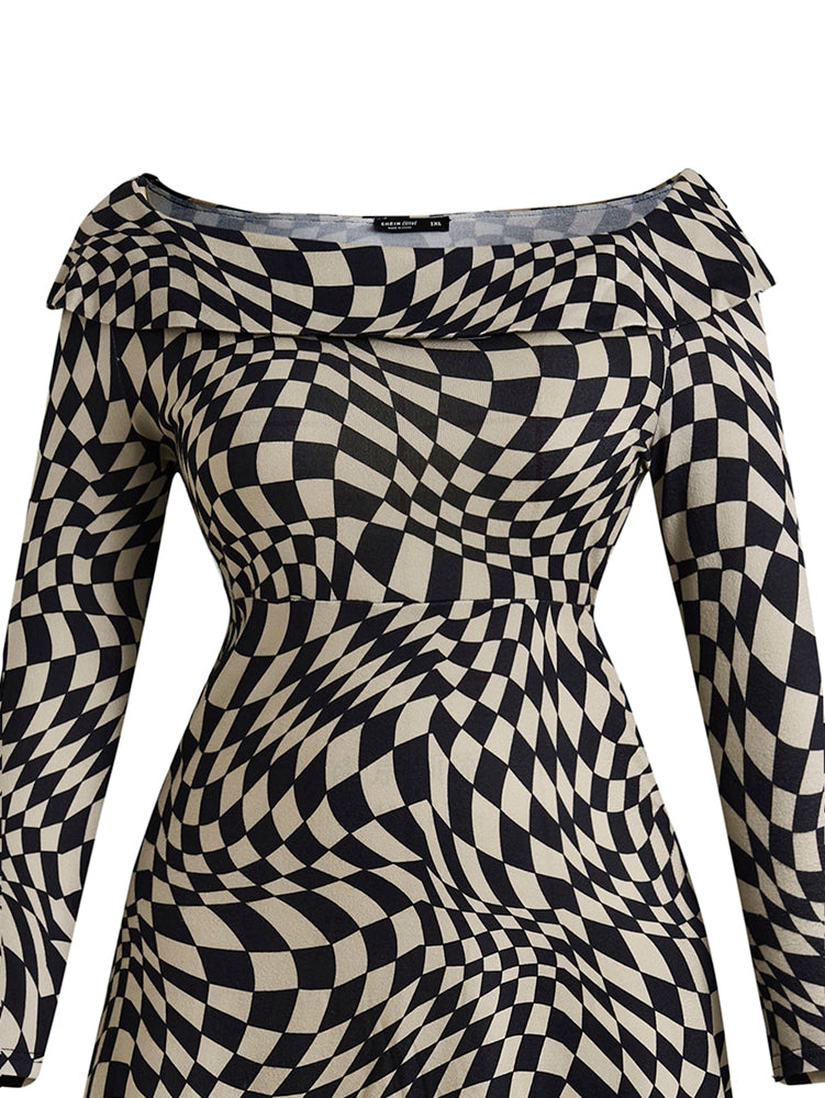 Elengatine Plus Abstract Pattern Off Shoulder A-line Dress