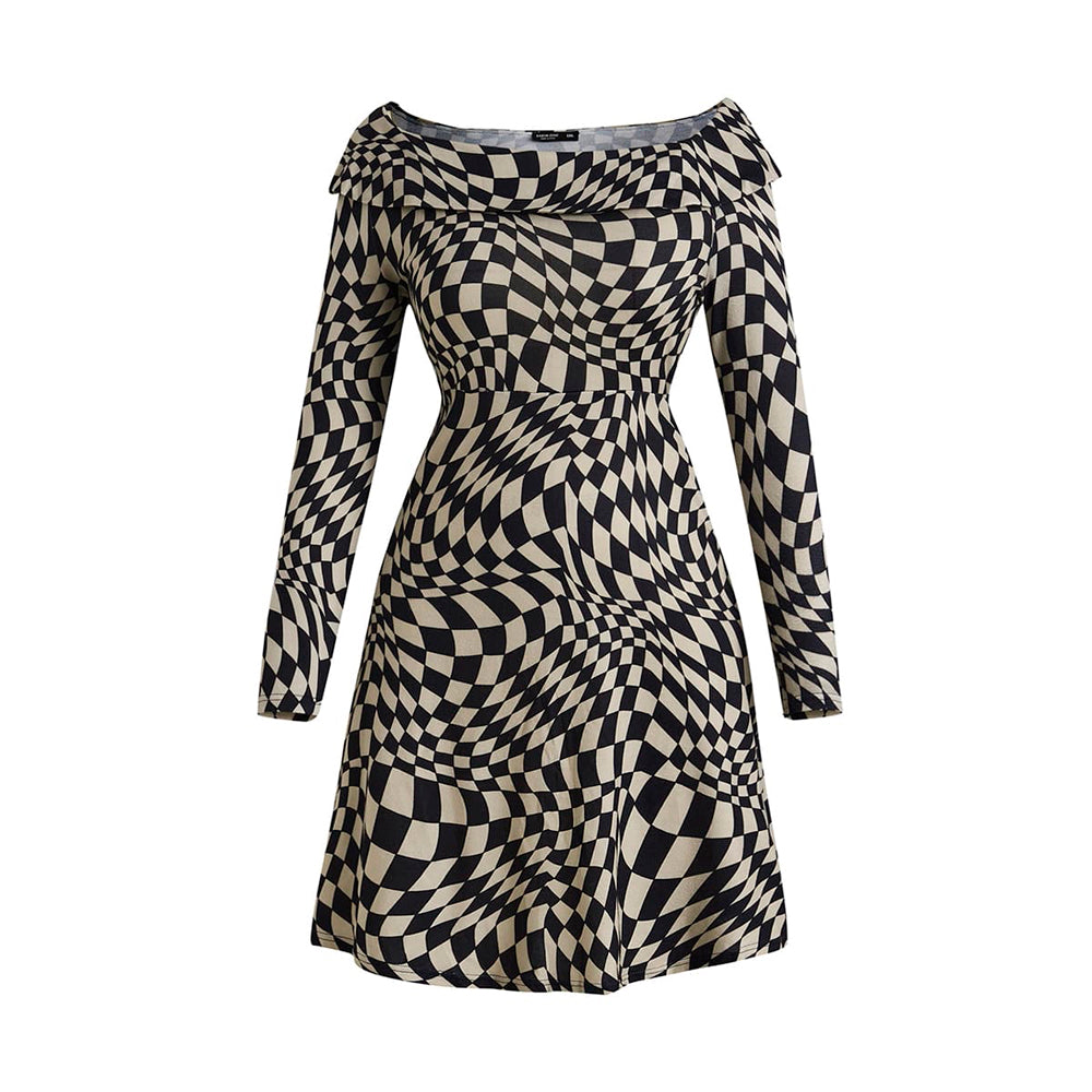 Elengatine Plus Abstract Pattern Off Shoulder A-line Dress