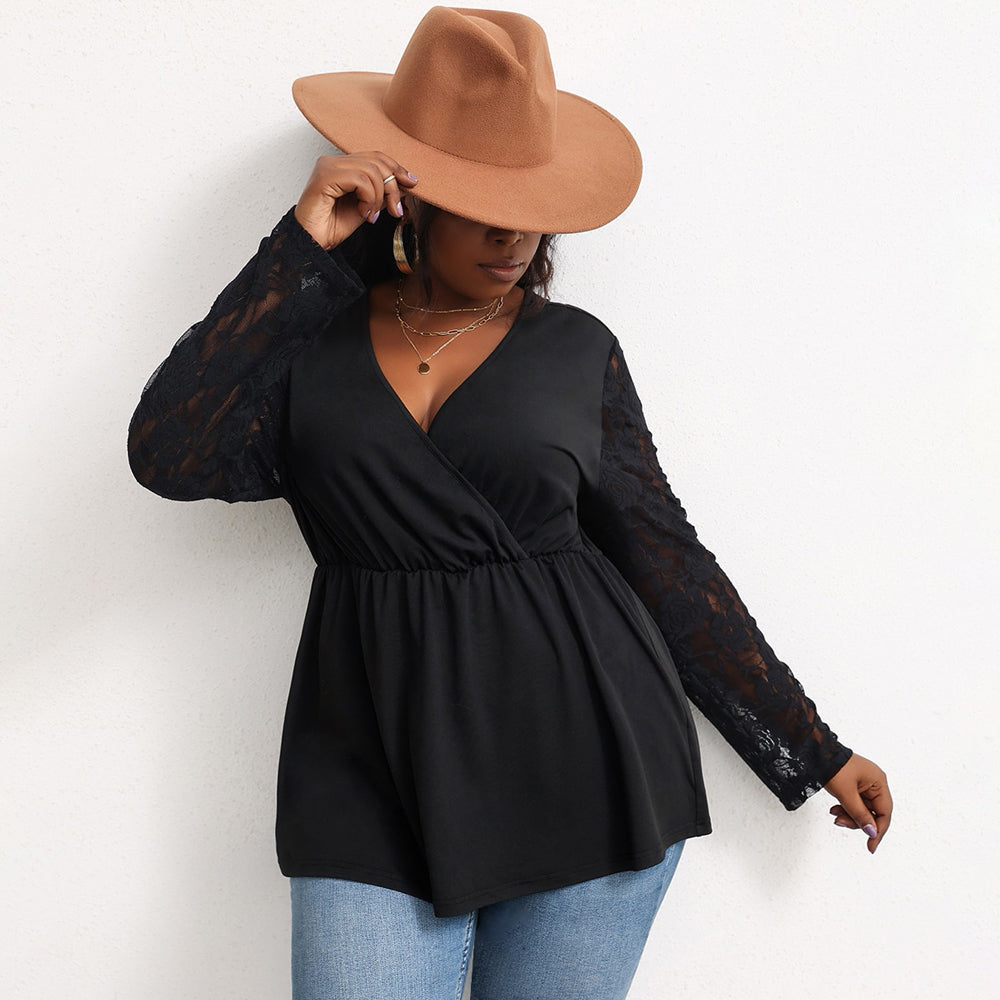 Elengatine Plus Solid V Neck Drop Shoulder Lace Sleeve Top