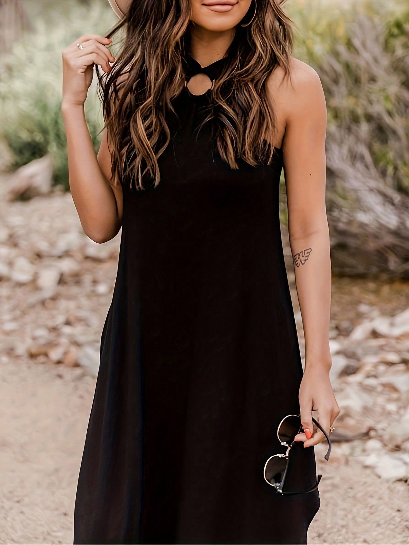 Mid Length Dress With Split Hem And Neck Hanging
