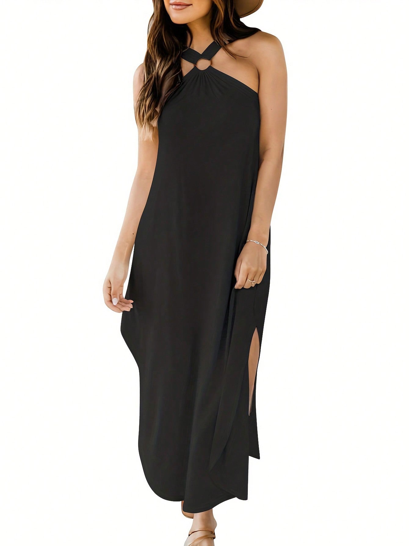 Mid Length Dress With Split Hem And Neck Hanging