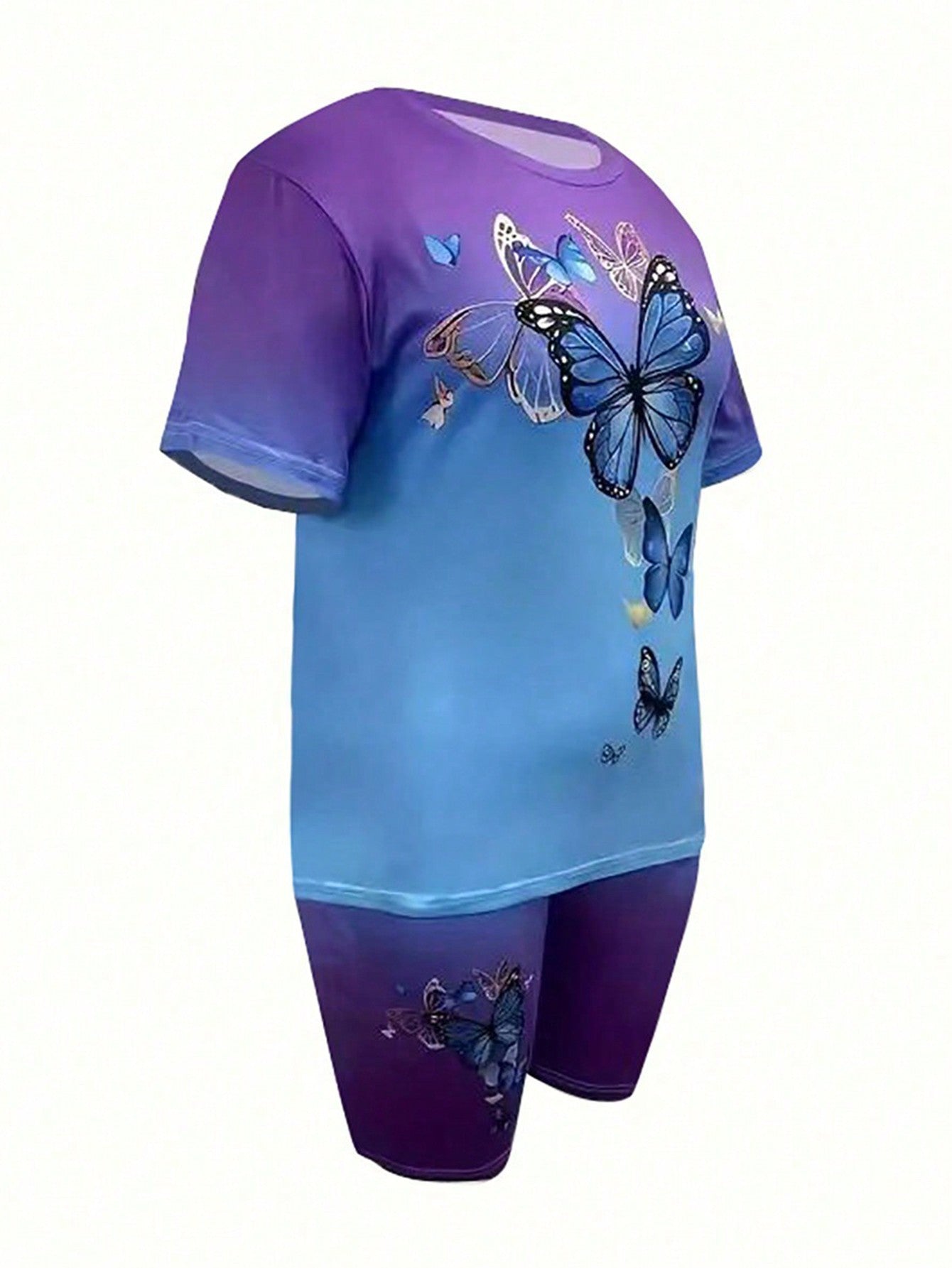Large Size Women's Two-Piece Short Sleeved Shorts Butterfly Print Spring/Summer Fashionable Casual Suit