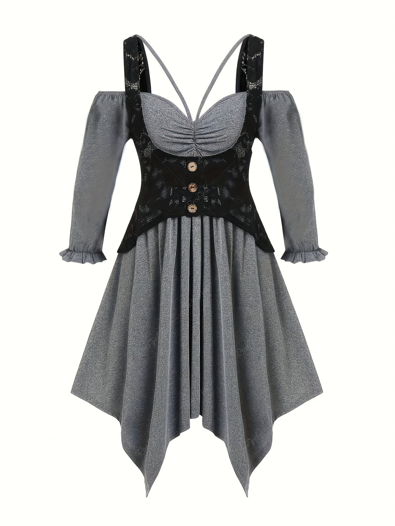 Elengatine Plus Size Lace Panel Ruched Two Tone Cold Shoulder Handkerchief Dress