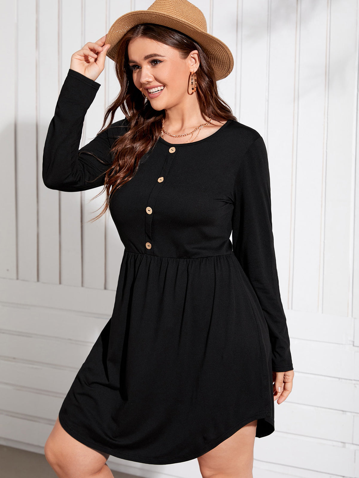 Elengatine Plus Solid Button Front A-line Dress