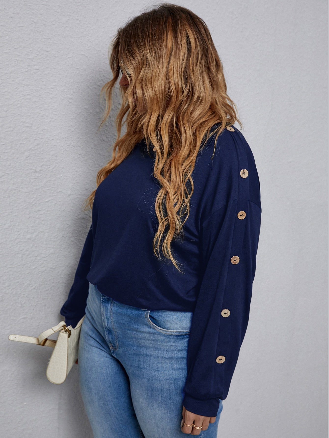 Elengatine Plus Solid Navy Blue Button Top