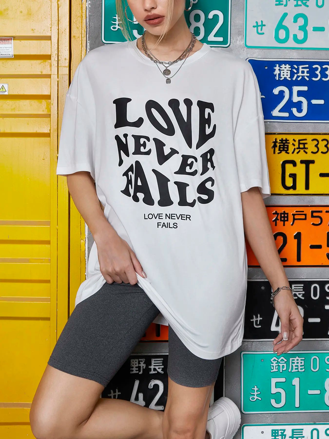 Elengatine Letters Graphic Printing Causal Drop Shoulder Tee