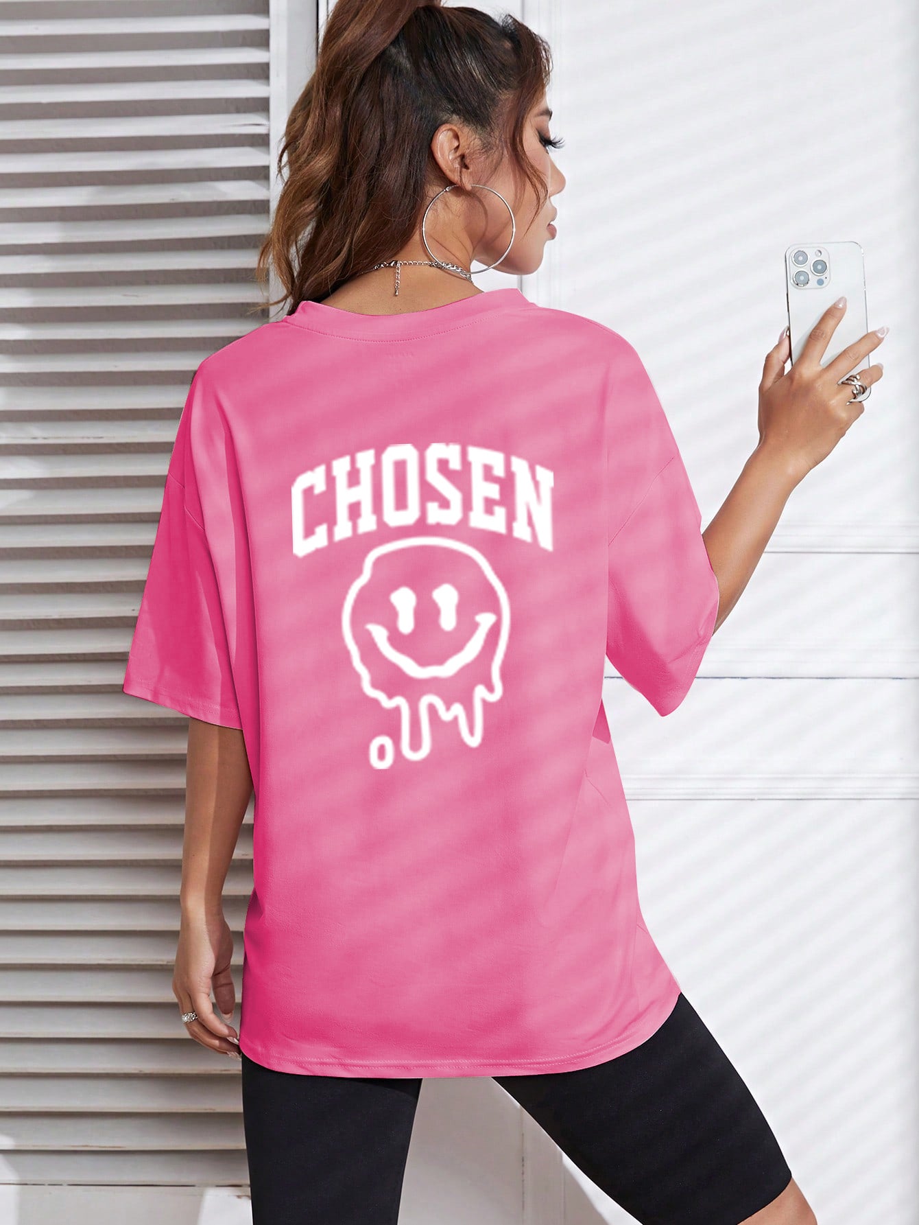Elengatine Barbie Pink Smile Printing Oversized Drop Shoulder Tee
