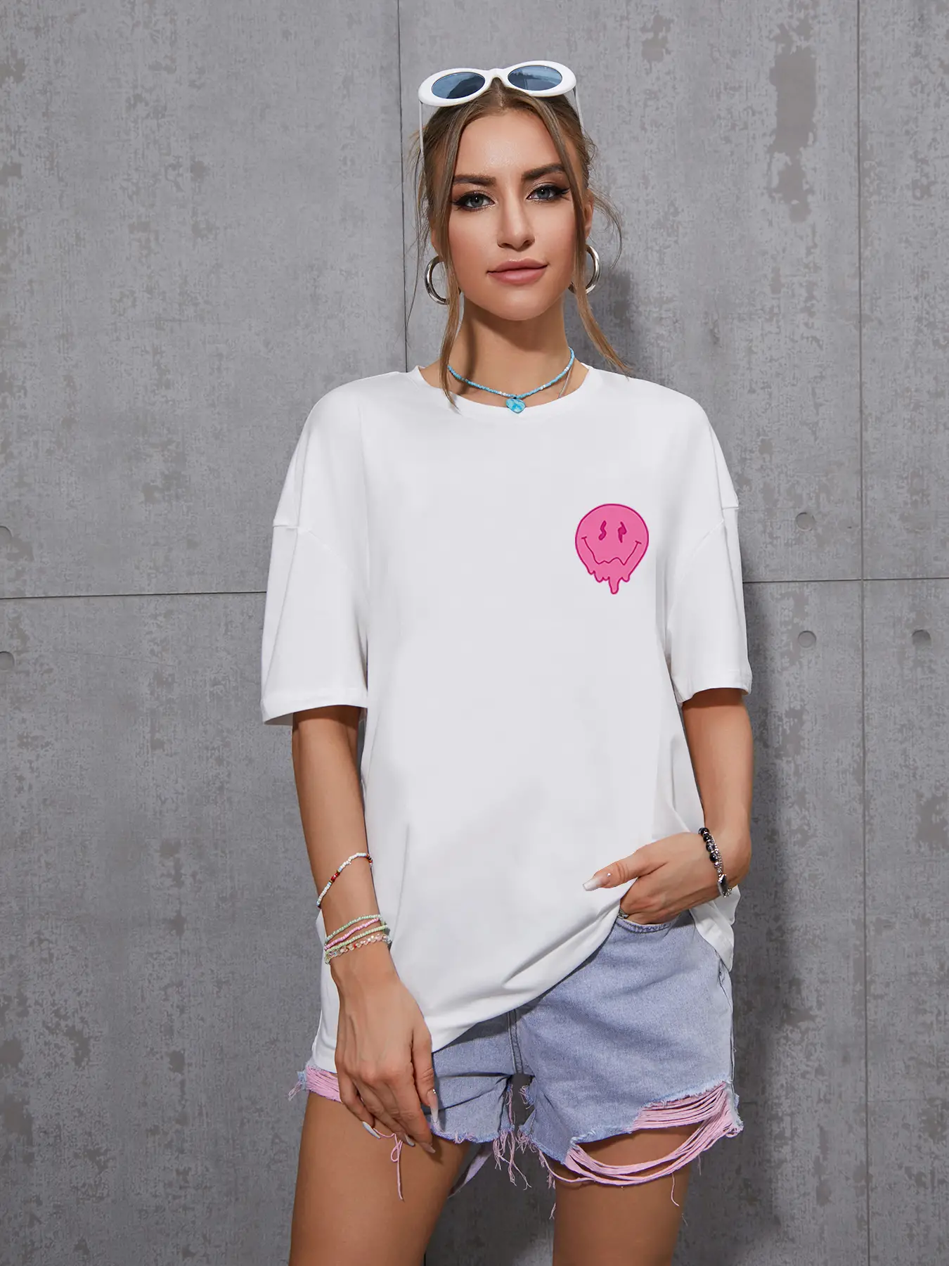 Elengatine wry Face Printing Drop Shoulder Tee