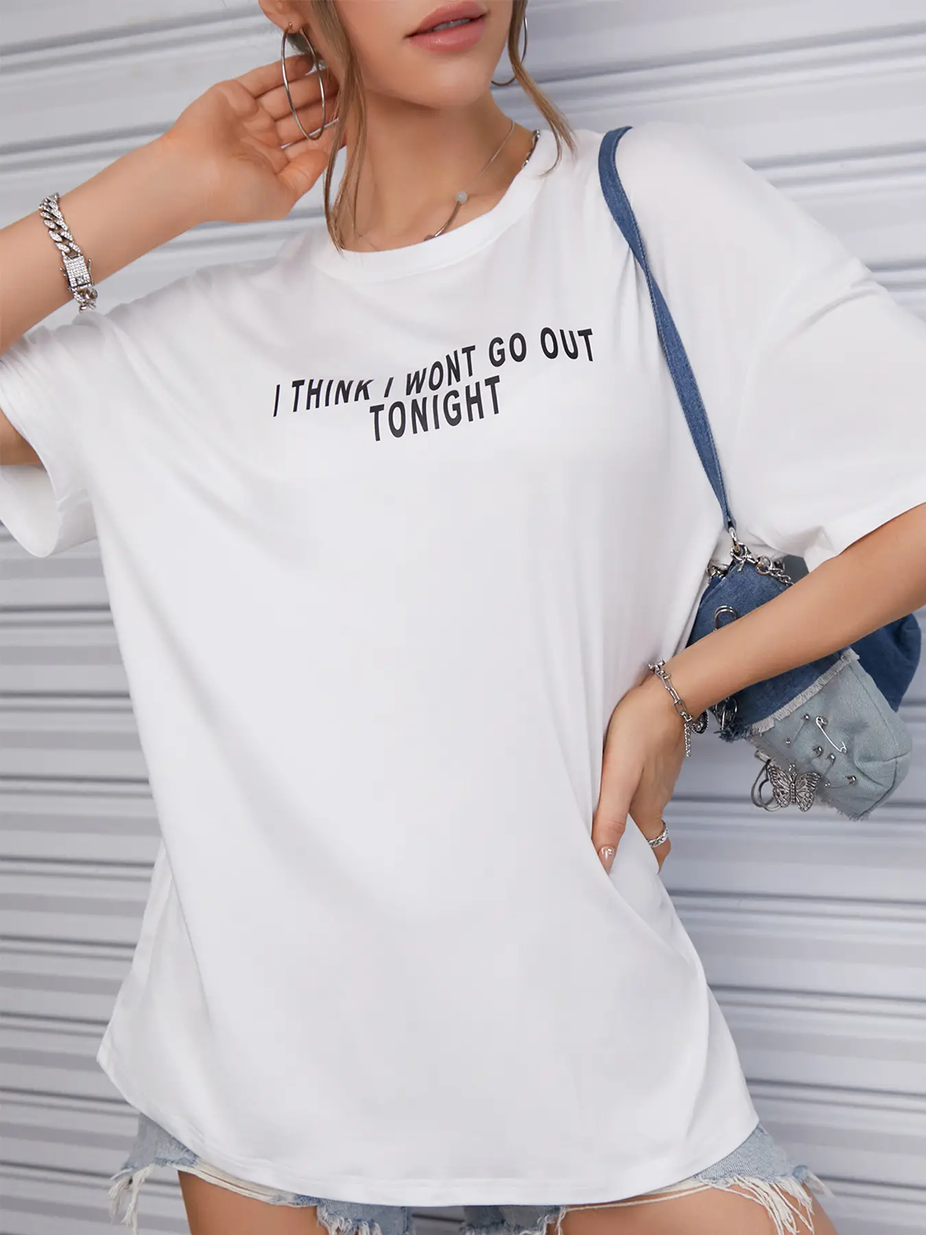 Elengatine White Letter Graphic Drop Shoulder Tee Casual