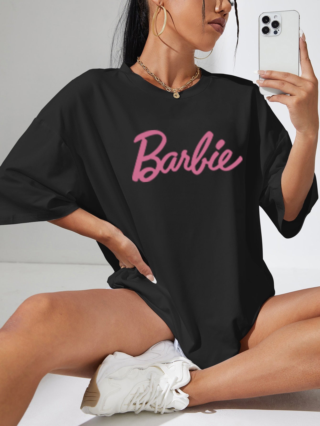 Elengatine Barbie Letter Graphic Printing Oversized Drop Shoulder Tee