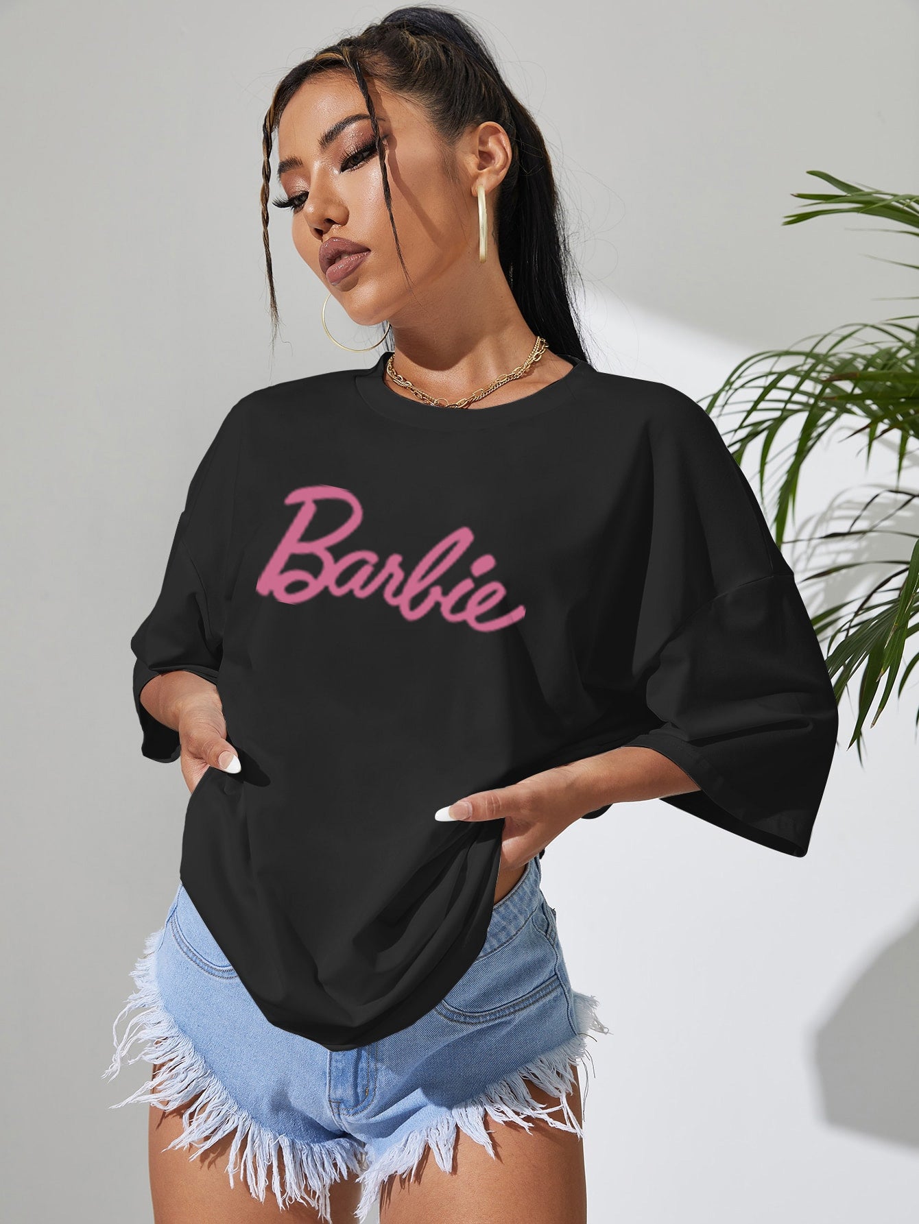 Elengatine Barbie Letter Graphic Printing Oversized Drop Shoulder Tee