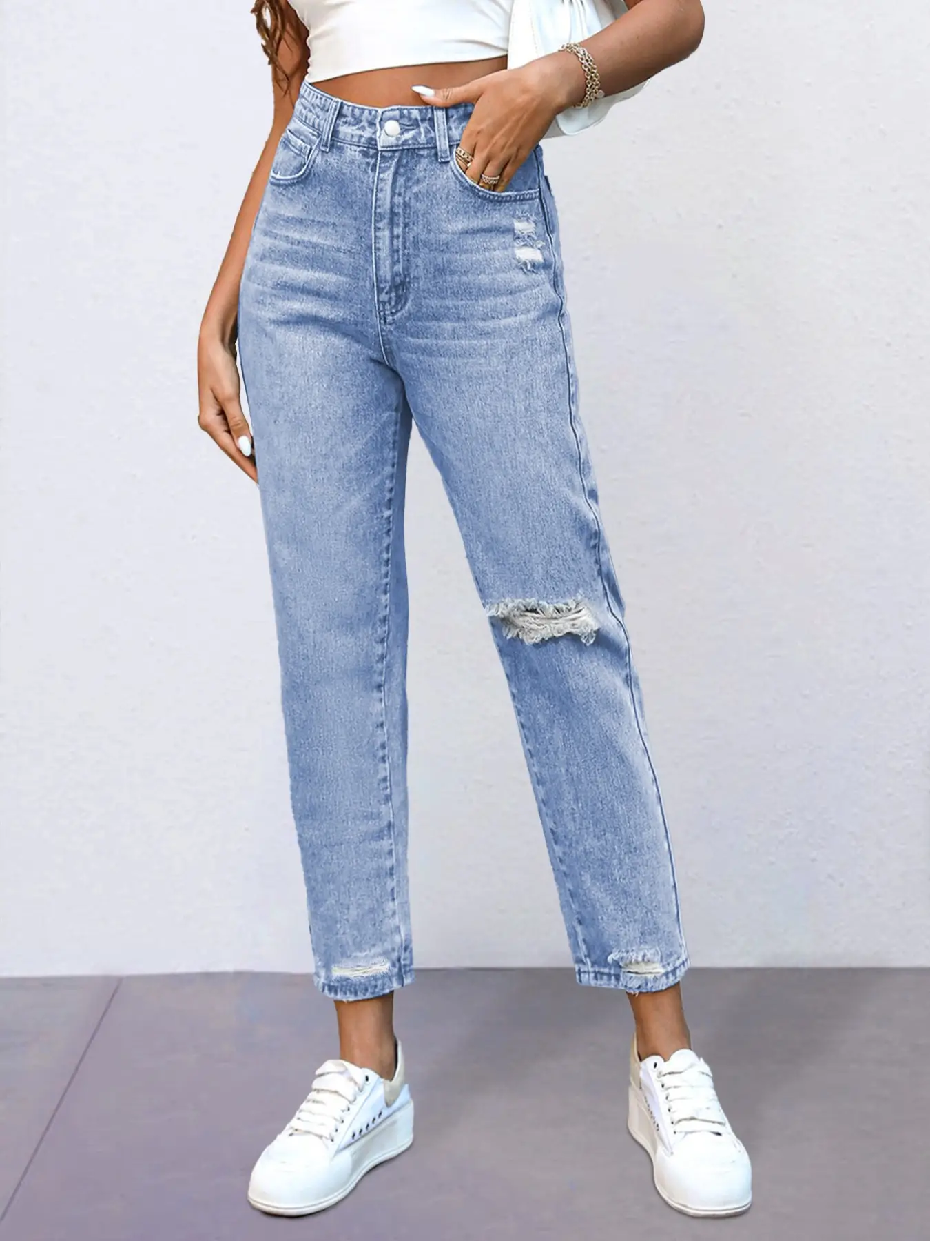 Elengatine High Waist Straight Leg Ripped Jeans