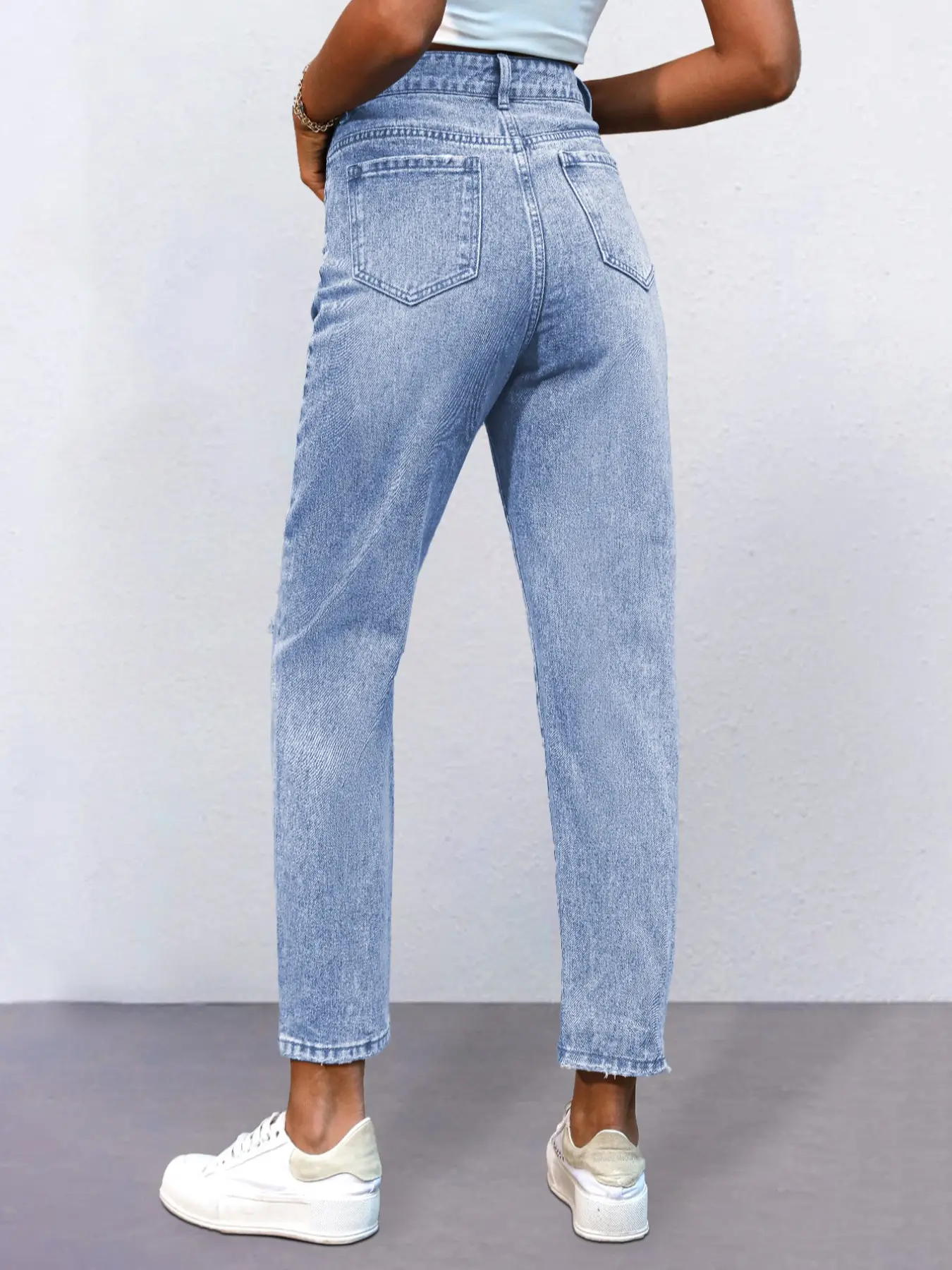 Elengatine High Waist Straight Leg Ripped Jeans