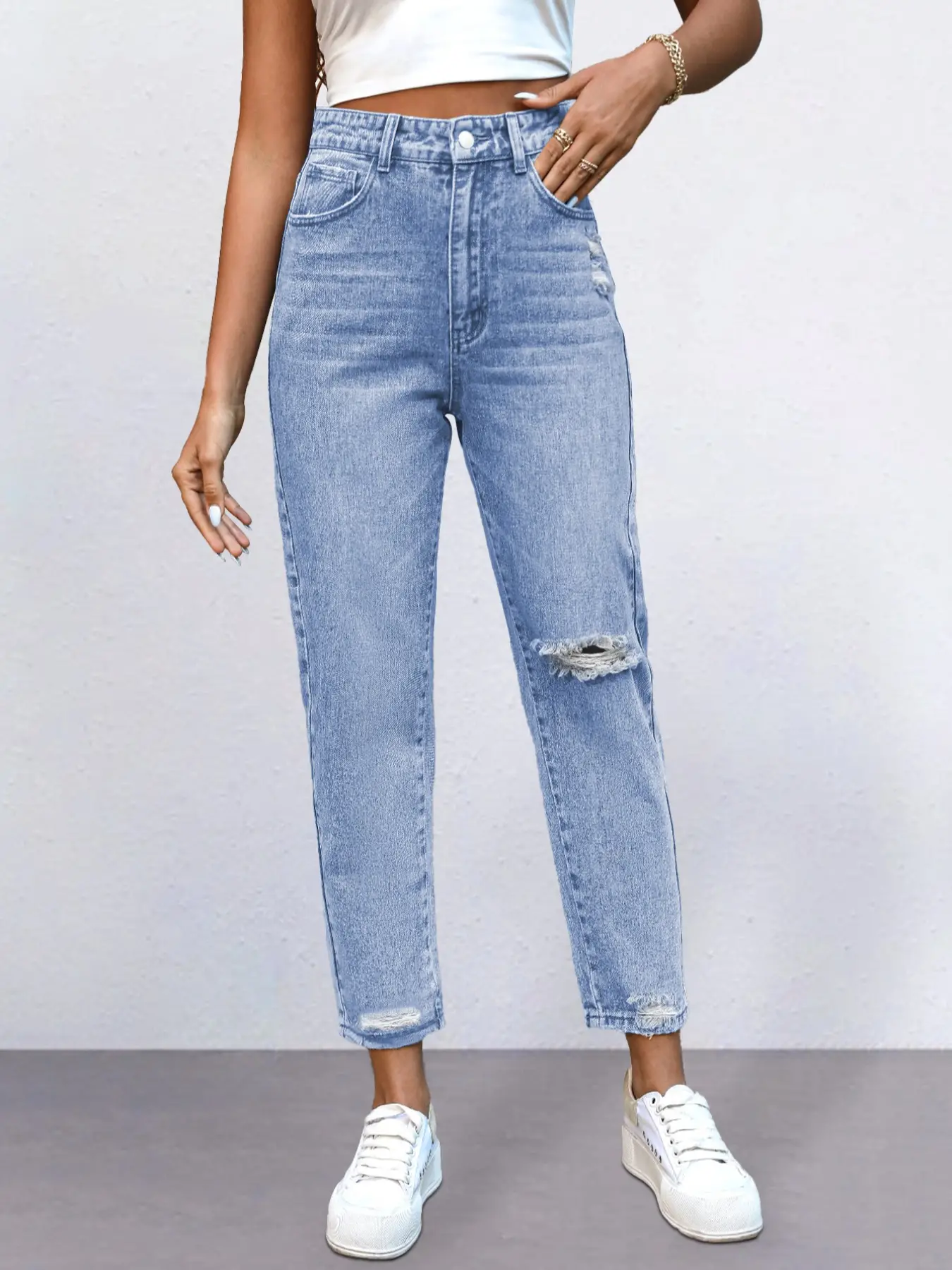 Elengatine High Waist Straight Leg Ripped Jeans