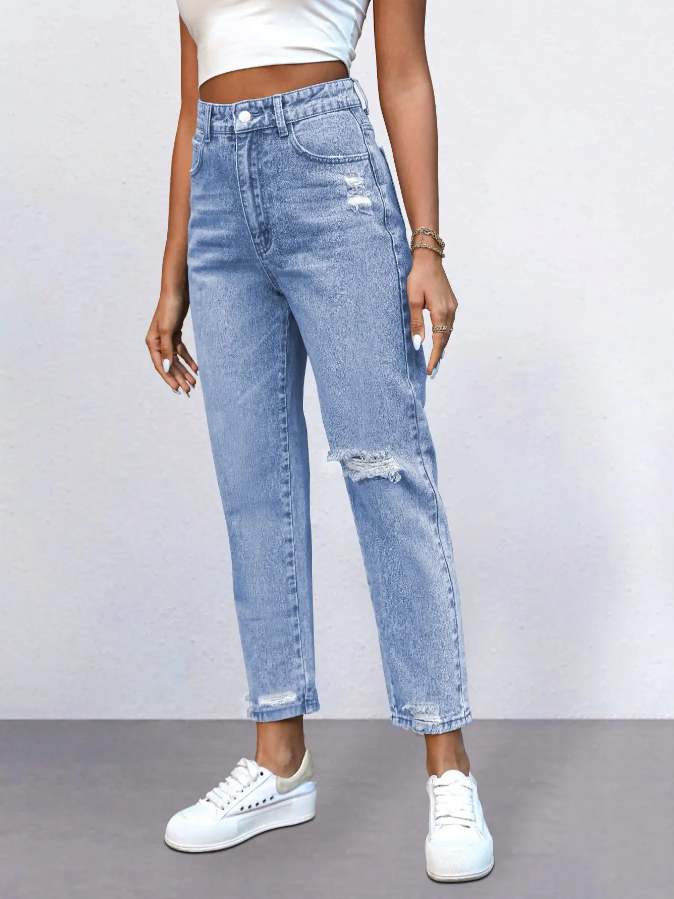 Elengatine High Waist Straight Leg Ripped Jeans