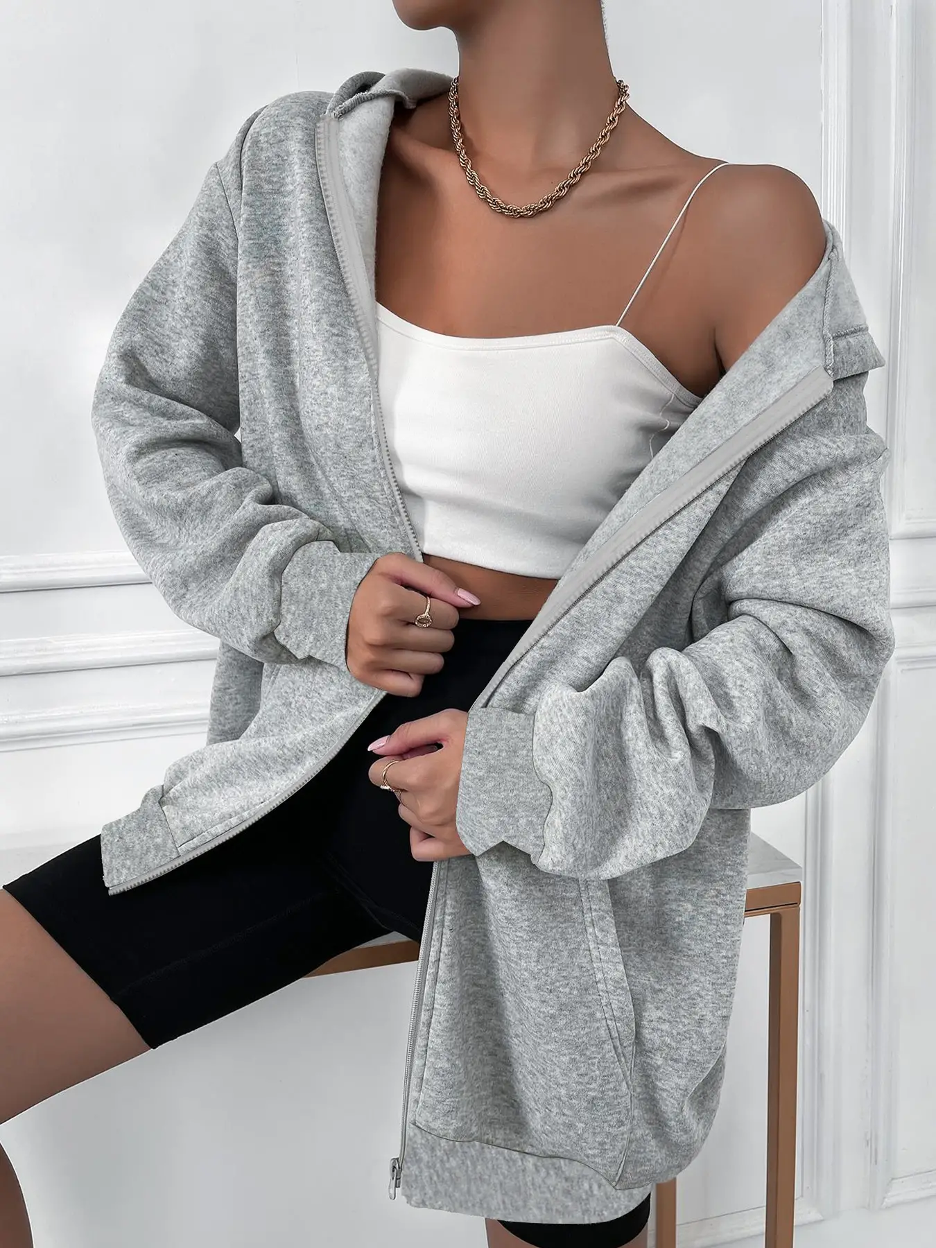 Elengatine BASICS Cozy Fleece Drop Shoulder Zipper Up Hooded Sweatshirt