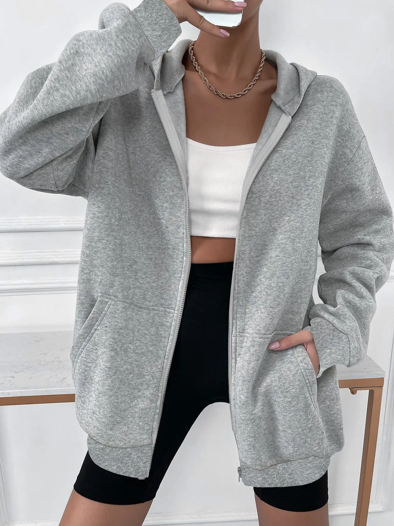 Elengatine BASICS Cozy Fleece Drop Shoulder Zipper Up Hooded Sweatshirt