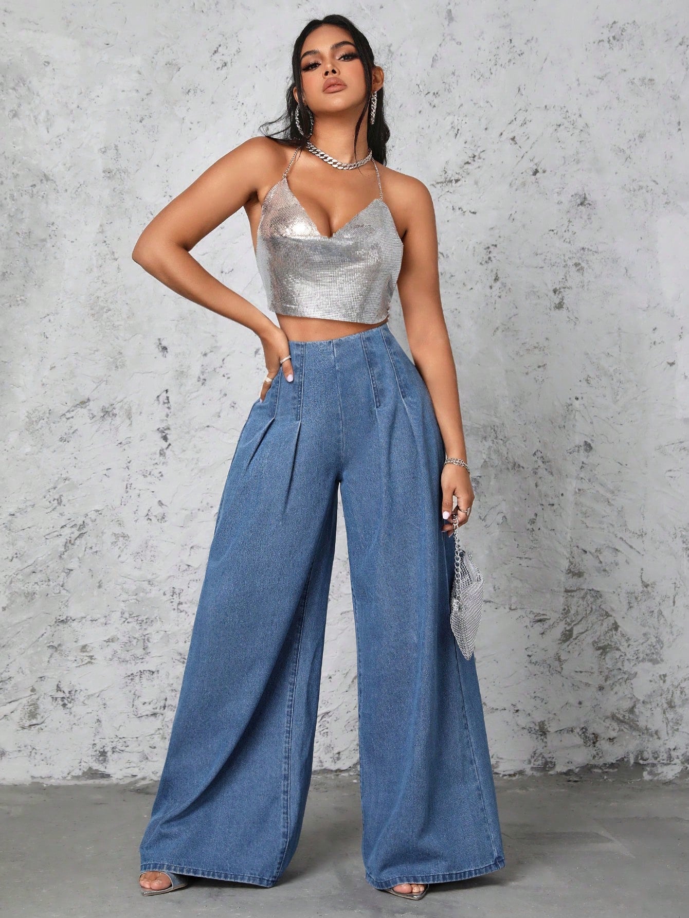 Elengatine Pleated Wide Leg High Waist Denim Jeans For Women BXD0048