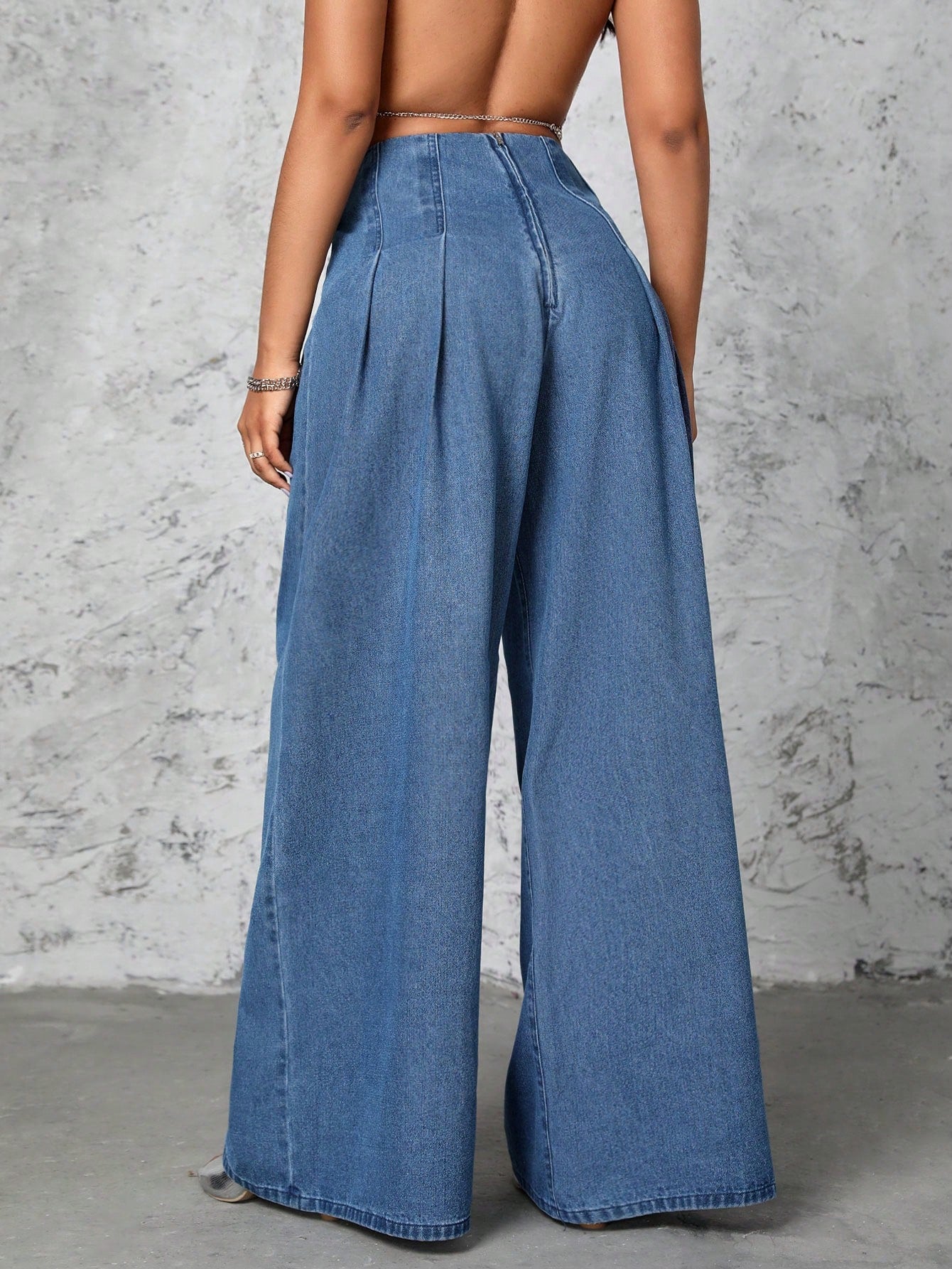 Elengatine Pleated Wide Leg High Waist Denim Jeans For Women BXD0048