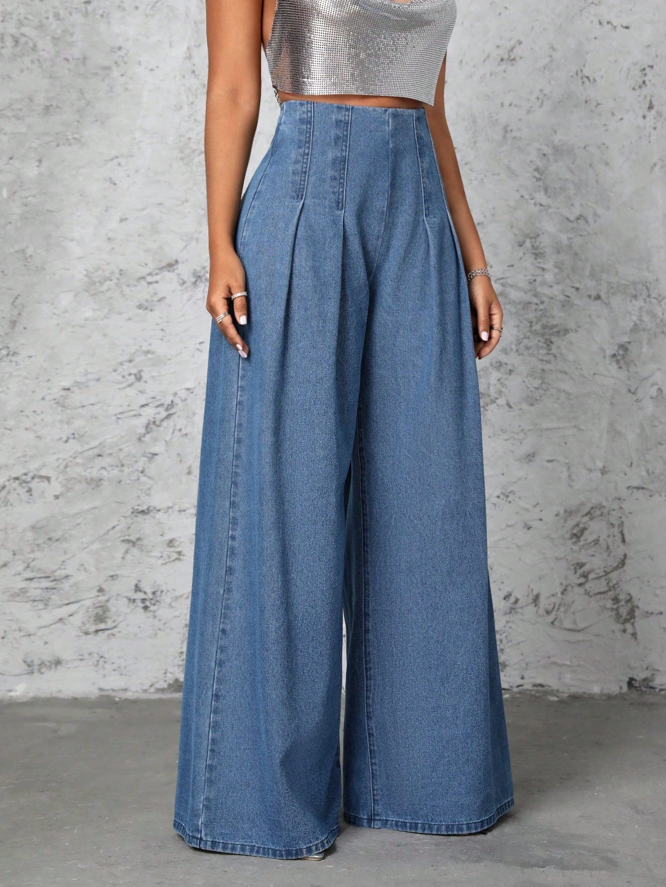 Elengatine Pleated Wide Leg High Waist Denim Jeans For Women BXD0048
