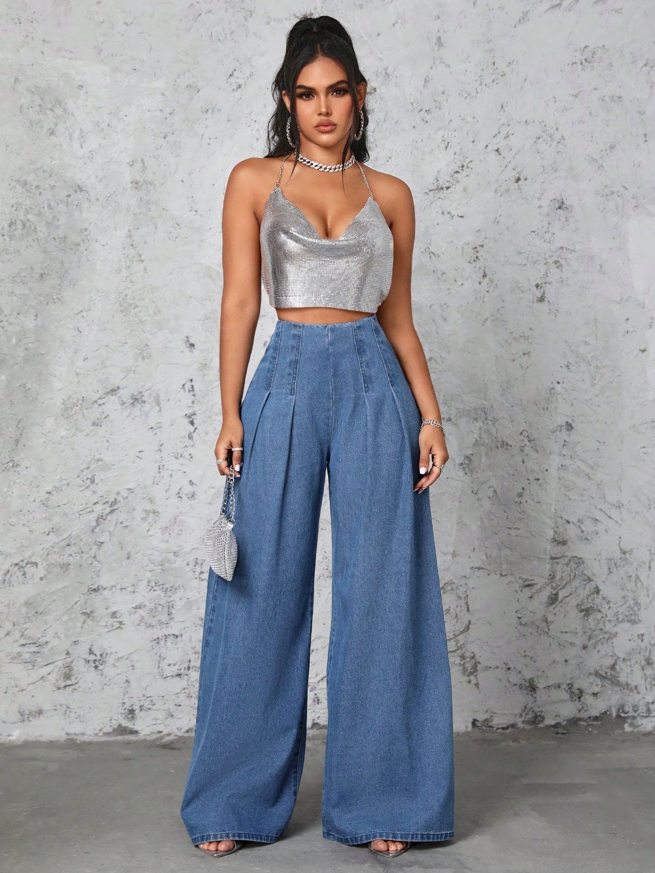 Elengatine Pleated Wide Leg High Waist Denim Jeans For Women BXD0048