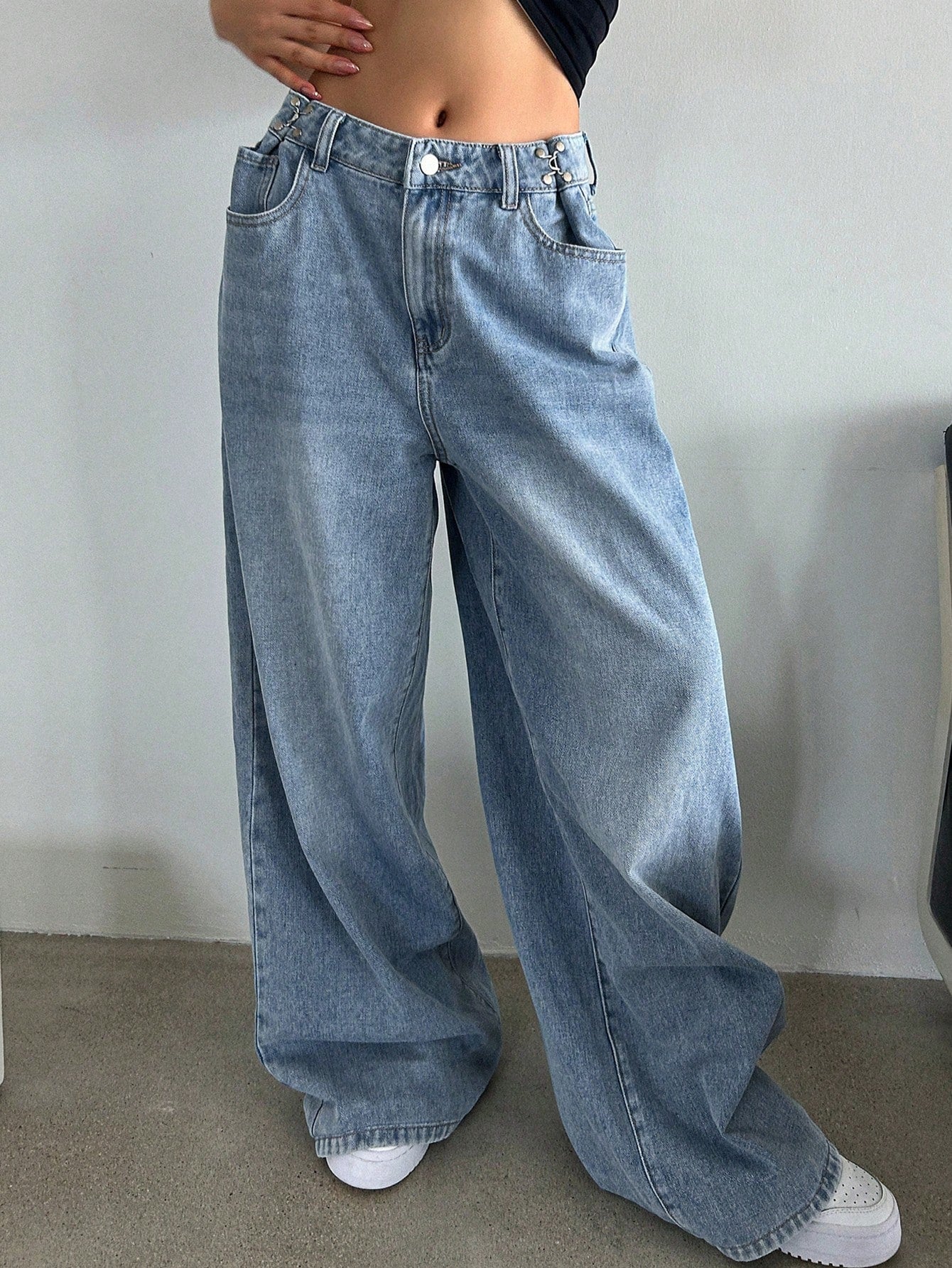 Elengatine Elengatine Non-Stretch Wide Leg Jeans with Adjustable Buckle BXD0047