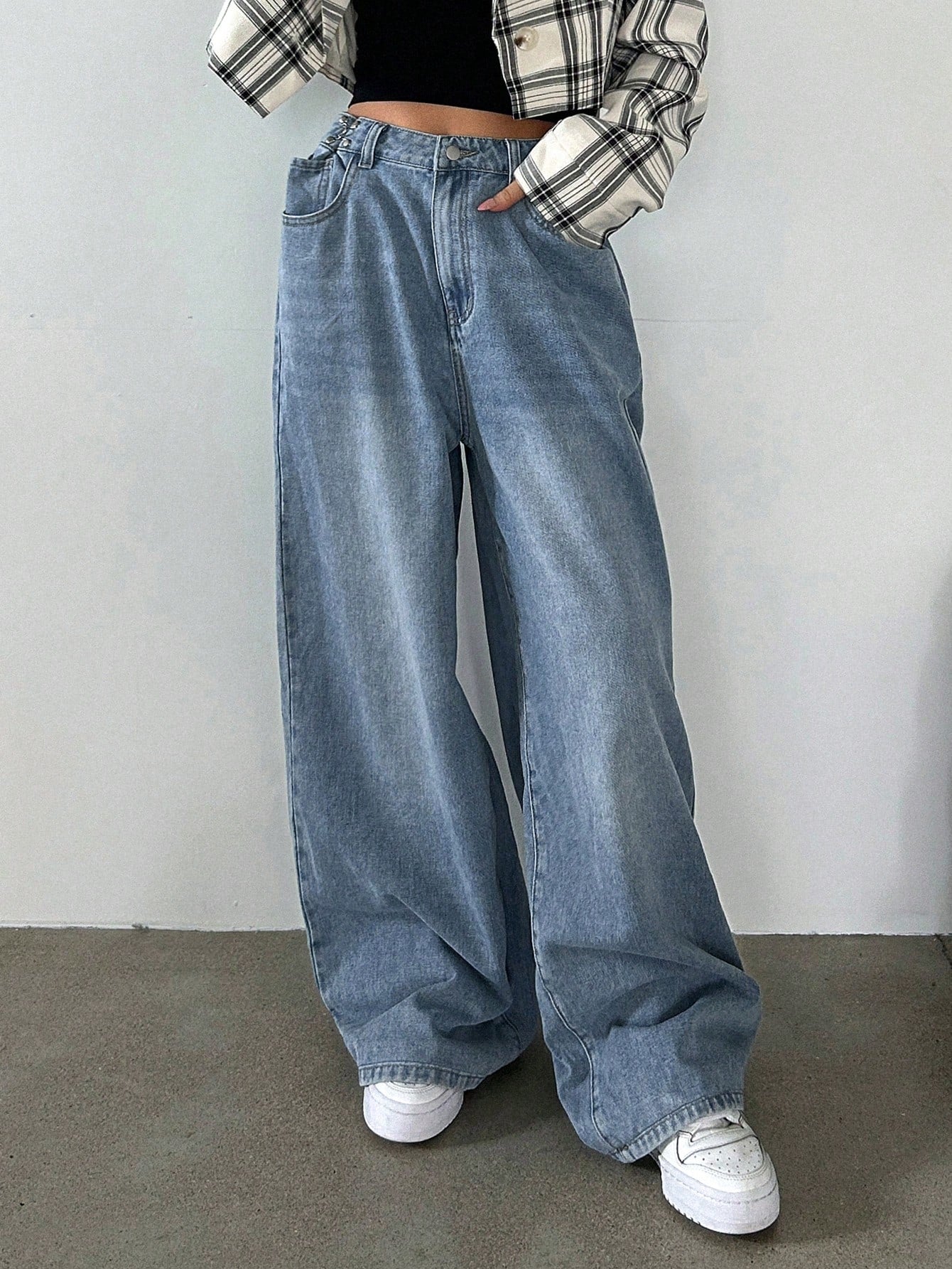Elengatine Elengatine Non-Stretch Wide Leg Jeans with Adjustable Buckle BXD0047