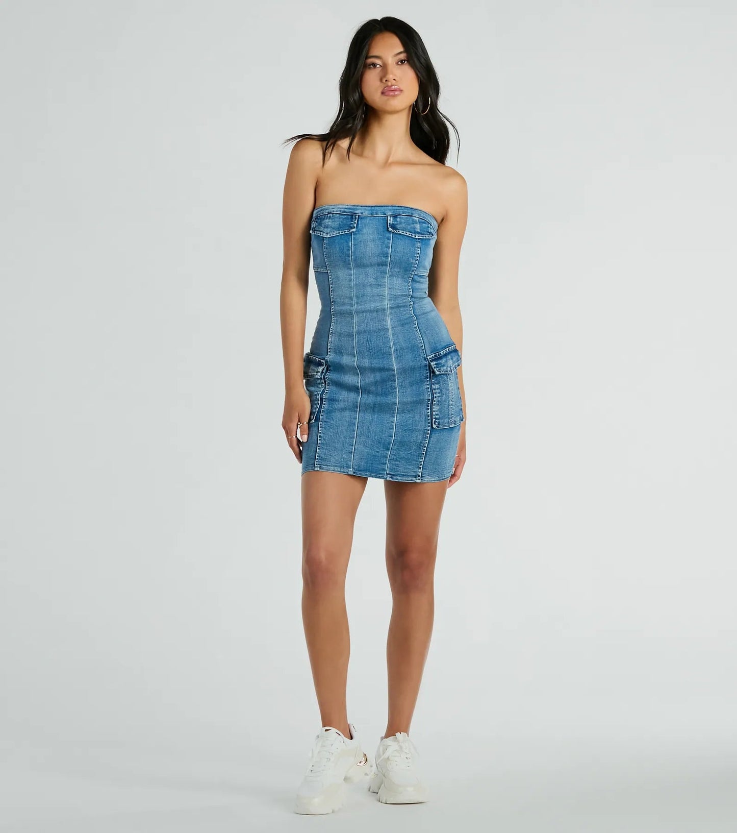 Elengatine Strapless Straight Neck Front No-slip Strip Cargo Denim Dress BTN002