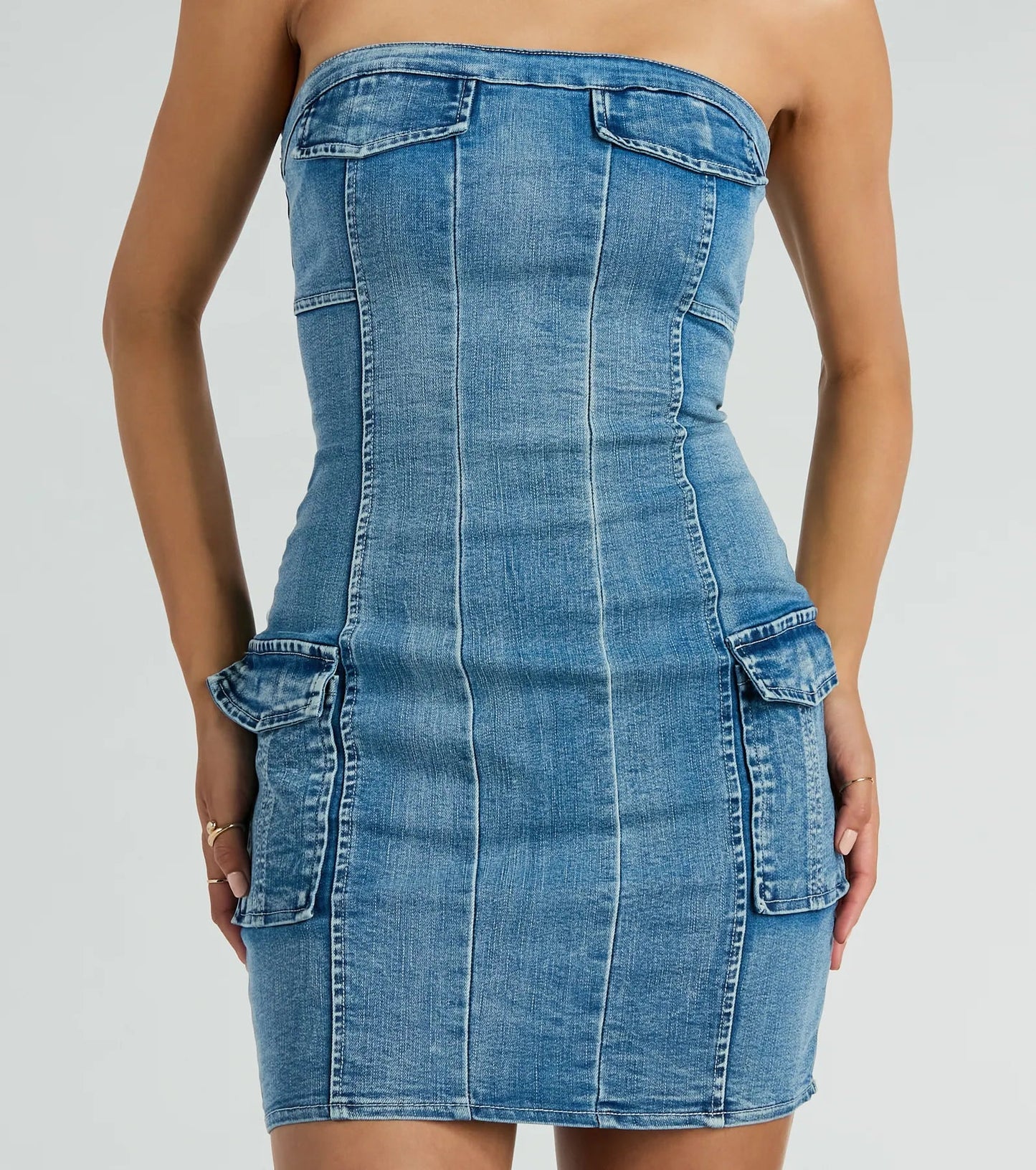 Elengatine Strapless Straight Neck Front No-slip Strip Cargo Denim Dress BTN002