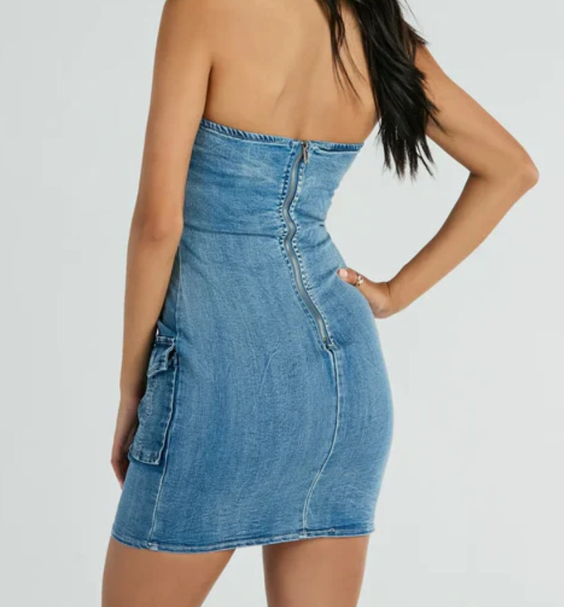 Elengatine Strapless Straight Neck Front No-slip Strip Cargo Denim Dress BTN002