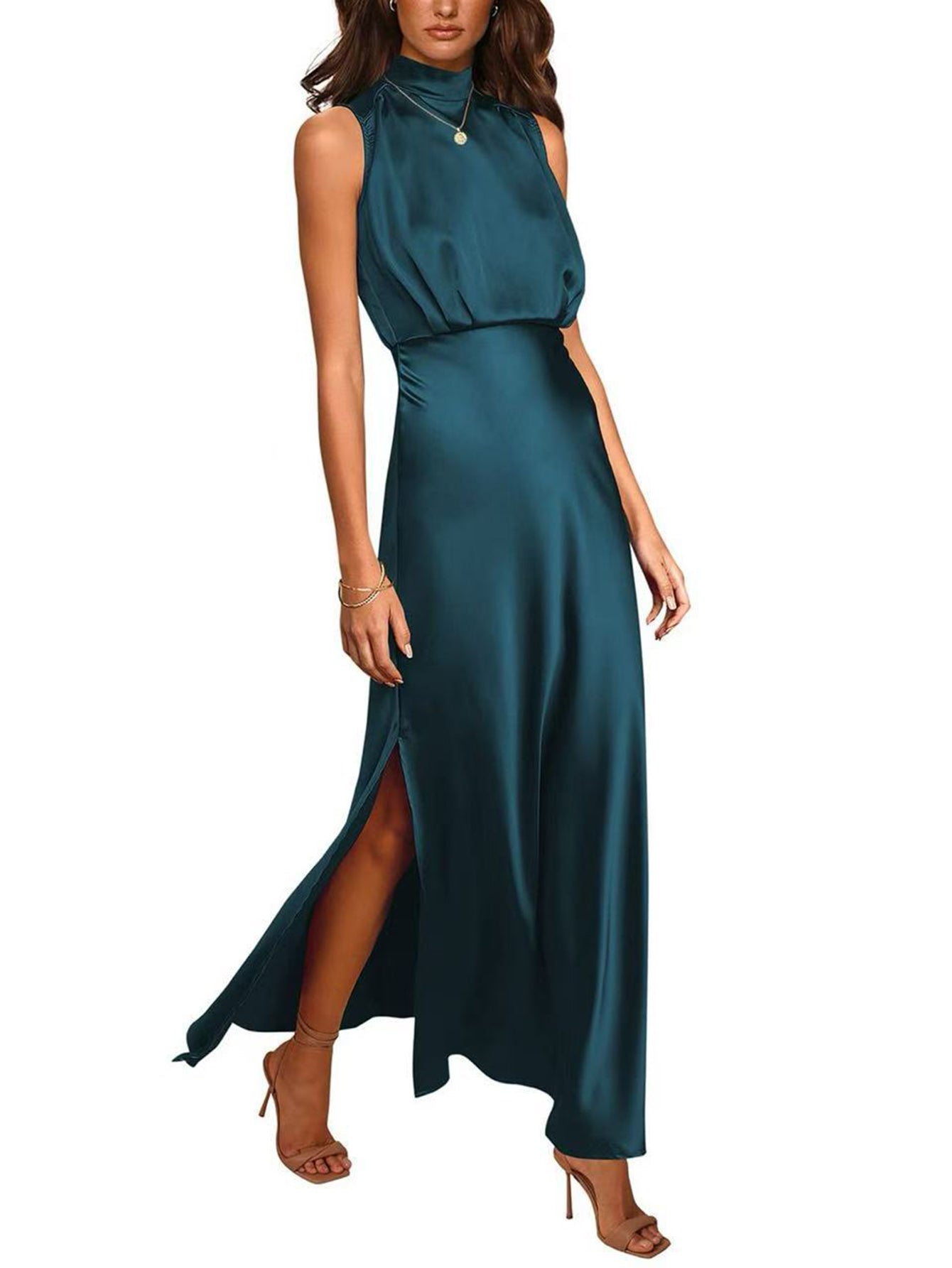 Solid color stand up collar sleeveless women's dress