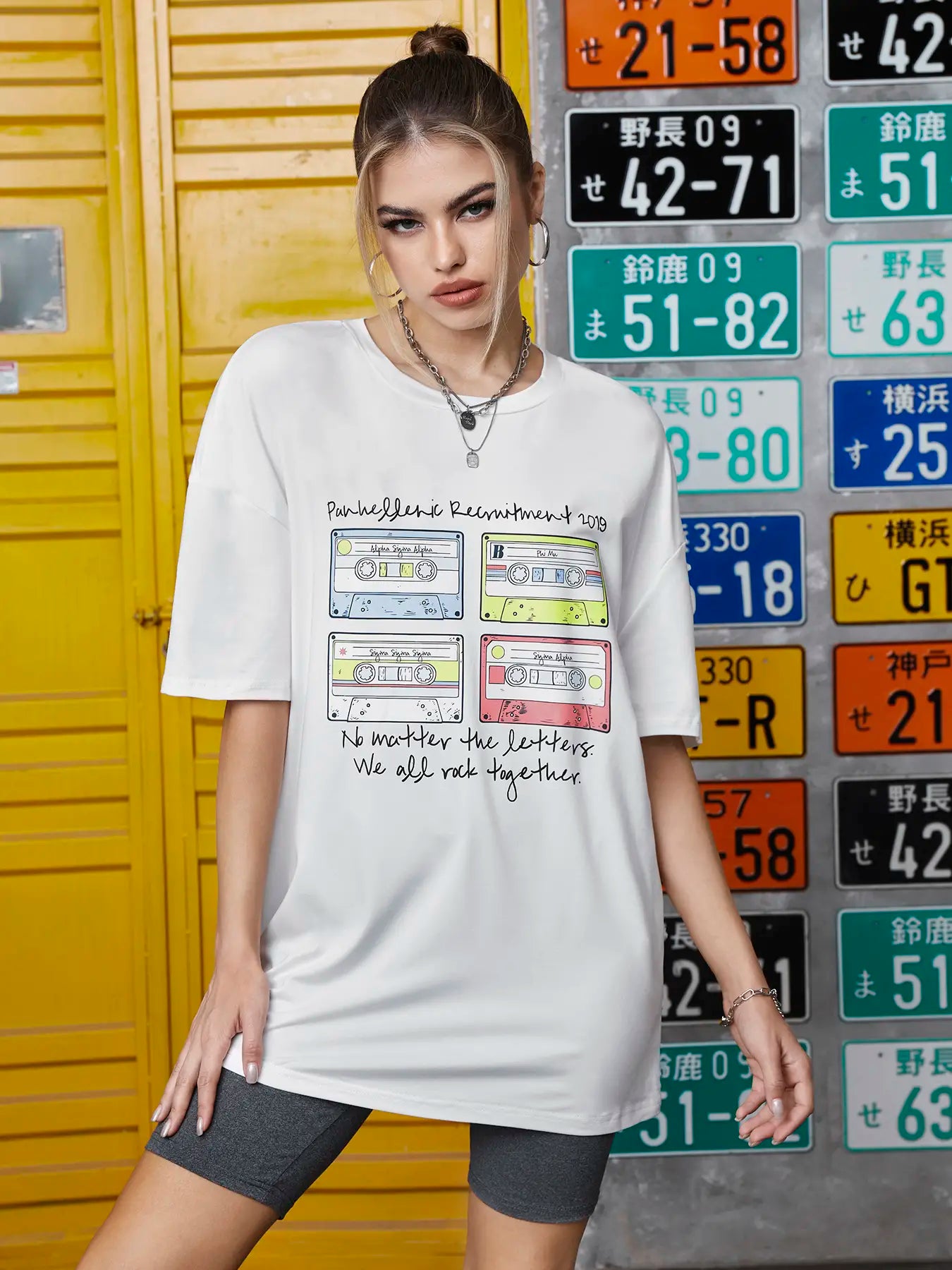 Elengatine Tape & Letter Graphic Printing Drop Shoulder Tee