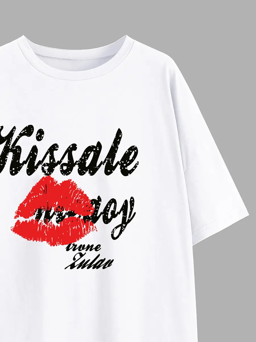 Elengatine Lips & Letter Graphic Printing Drop Shoulder Tee