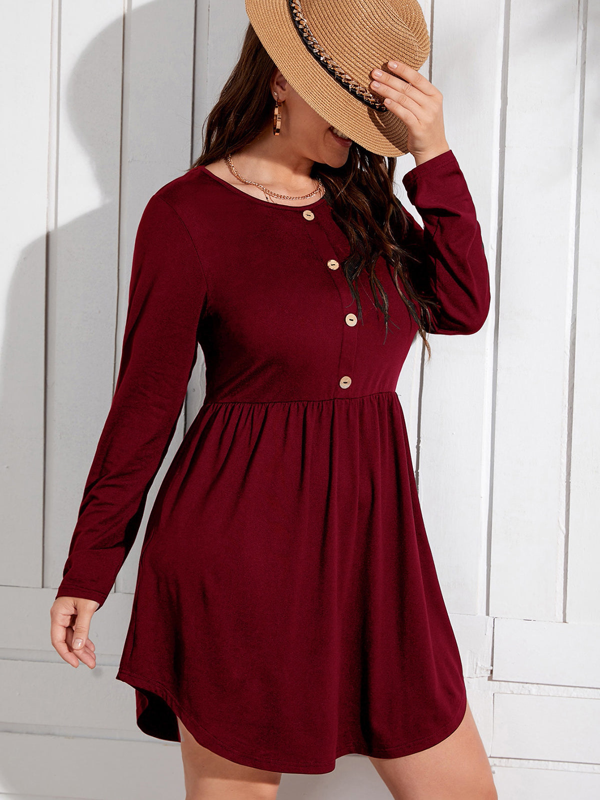 Elengatine Plus Solid Button Front A-line Dress