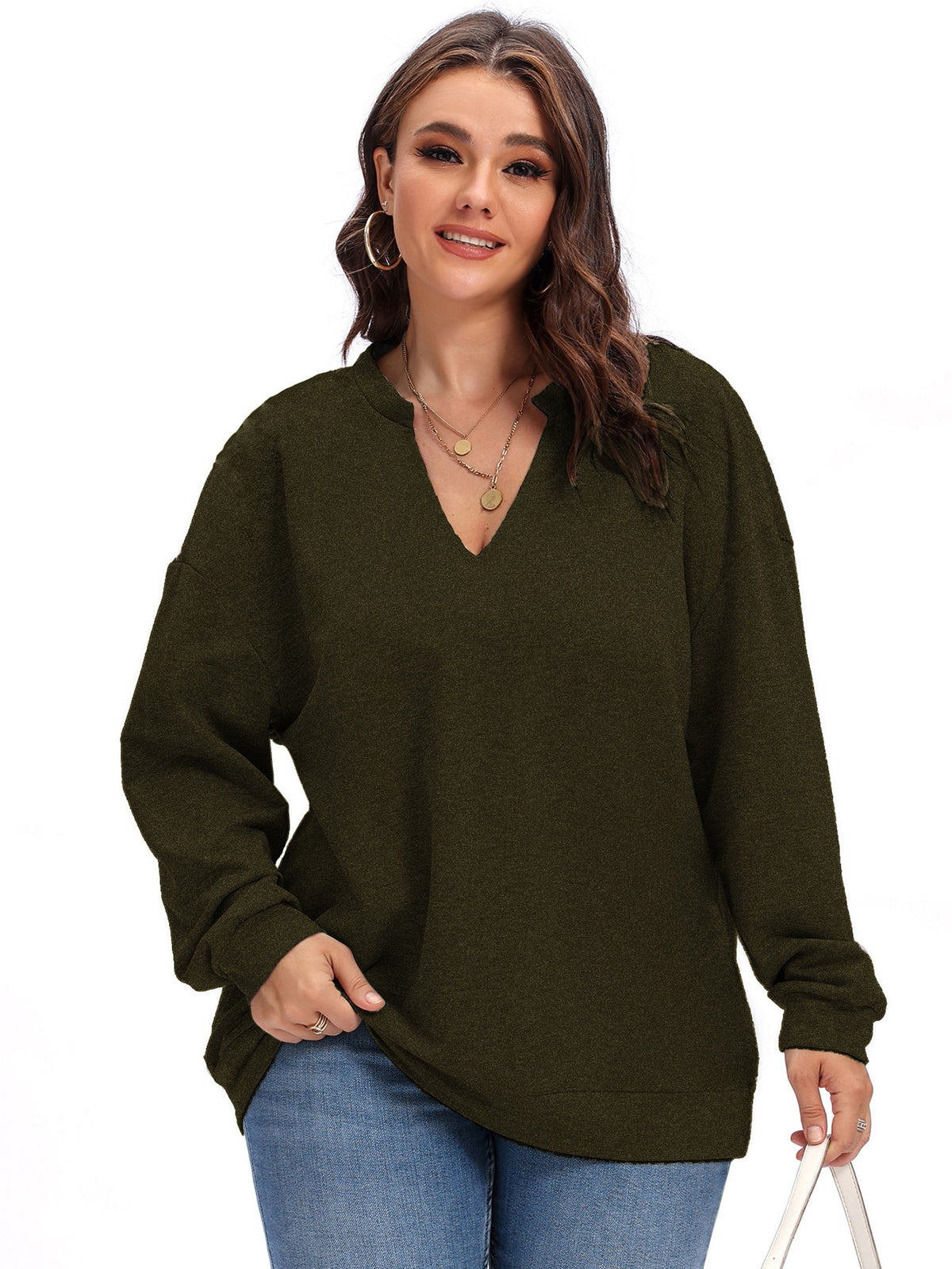 Elengatine Plus Solid V Neck Drop Shoulder Top
