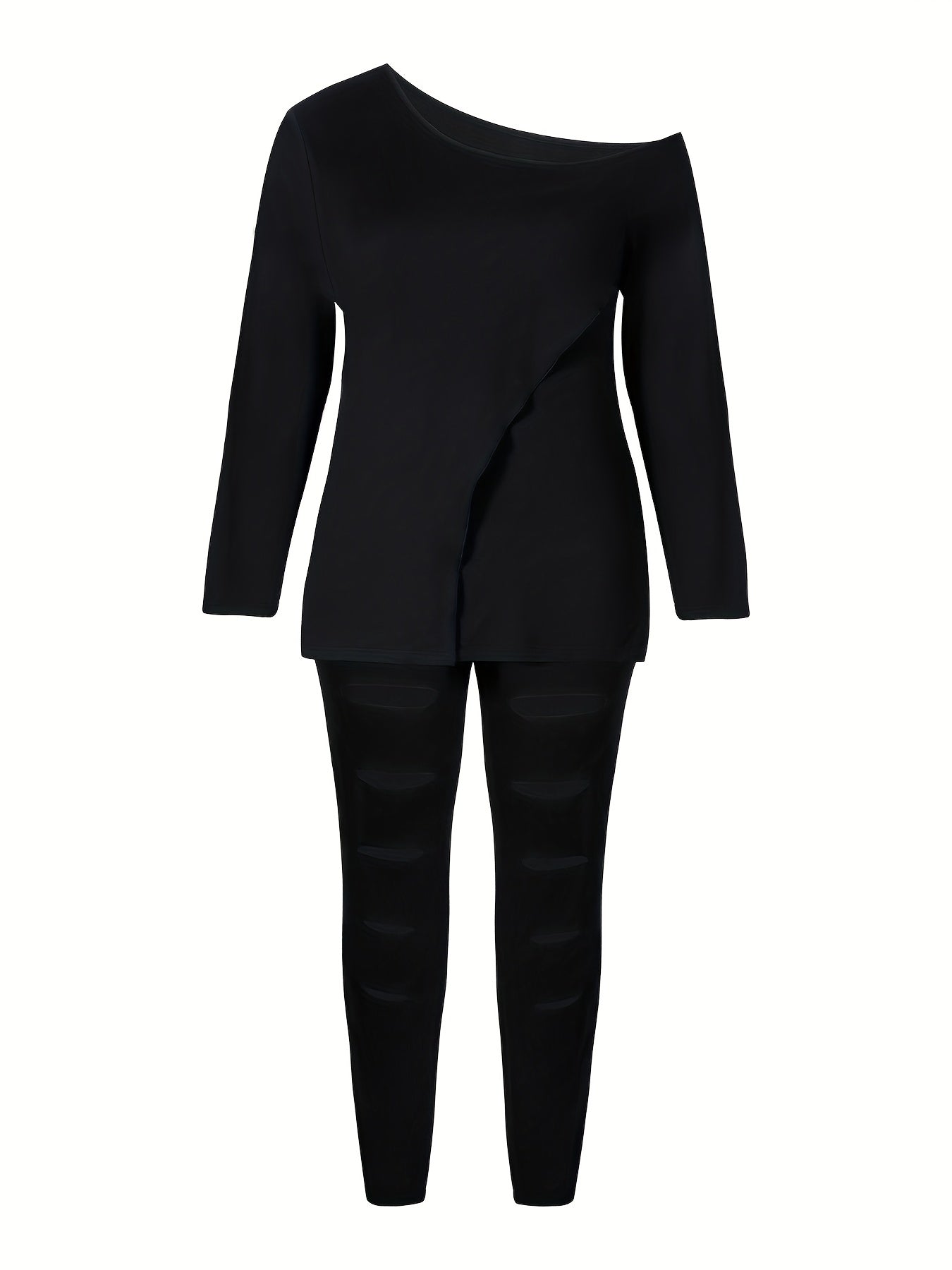 Elengatine Plus Size Solid Color Split Hem Top & Ladder Cutout Pants Set
