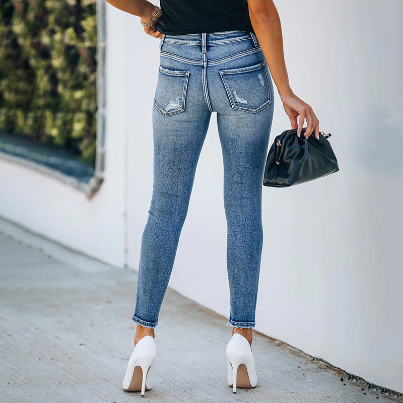 Elengatine Mid Waist Small Leg Button Design Jeans,Slim Fit Ripped High Stretch Denim Trousers for Women,Fashion Women's Jeans 1077#