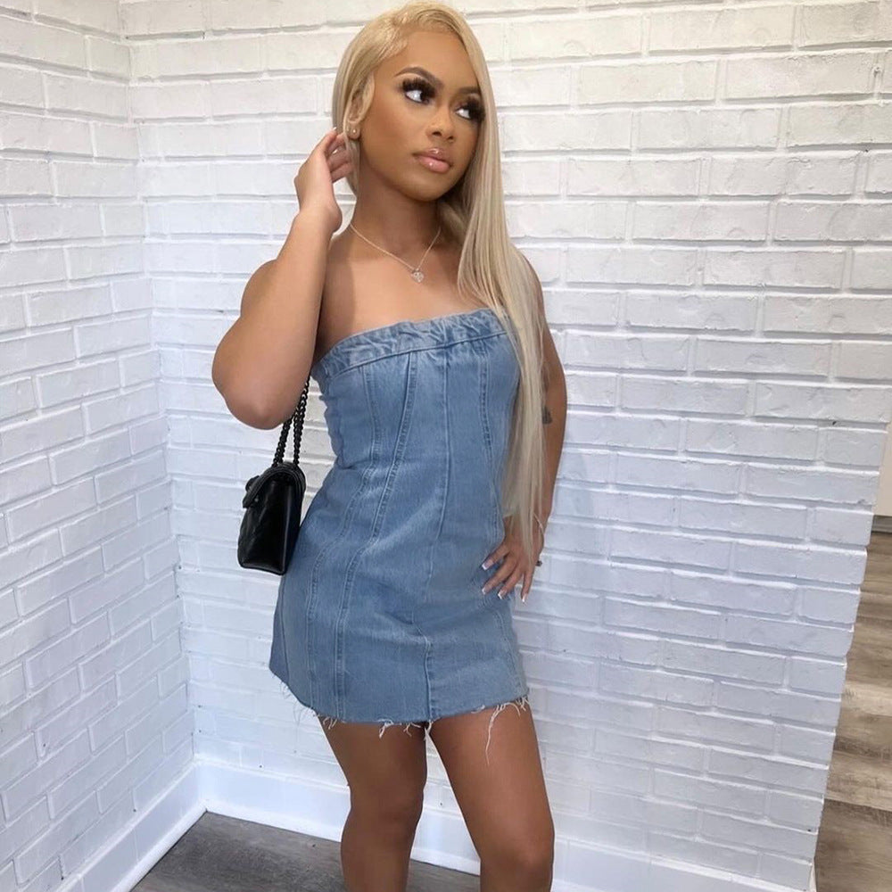 Elengatine Sexy Backless Denim Skirt, Washed breast-wrapped Dress for Women,Sleeveless Skirt For Spring&Summer, Zipper One-piece Collar Design Women Dress 9220DD