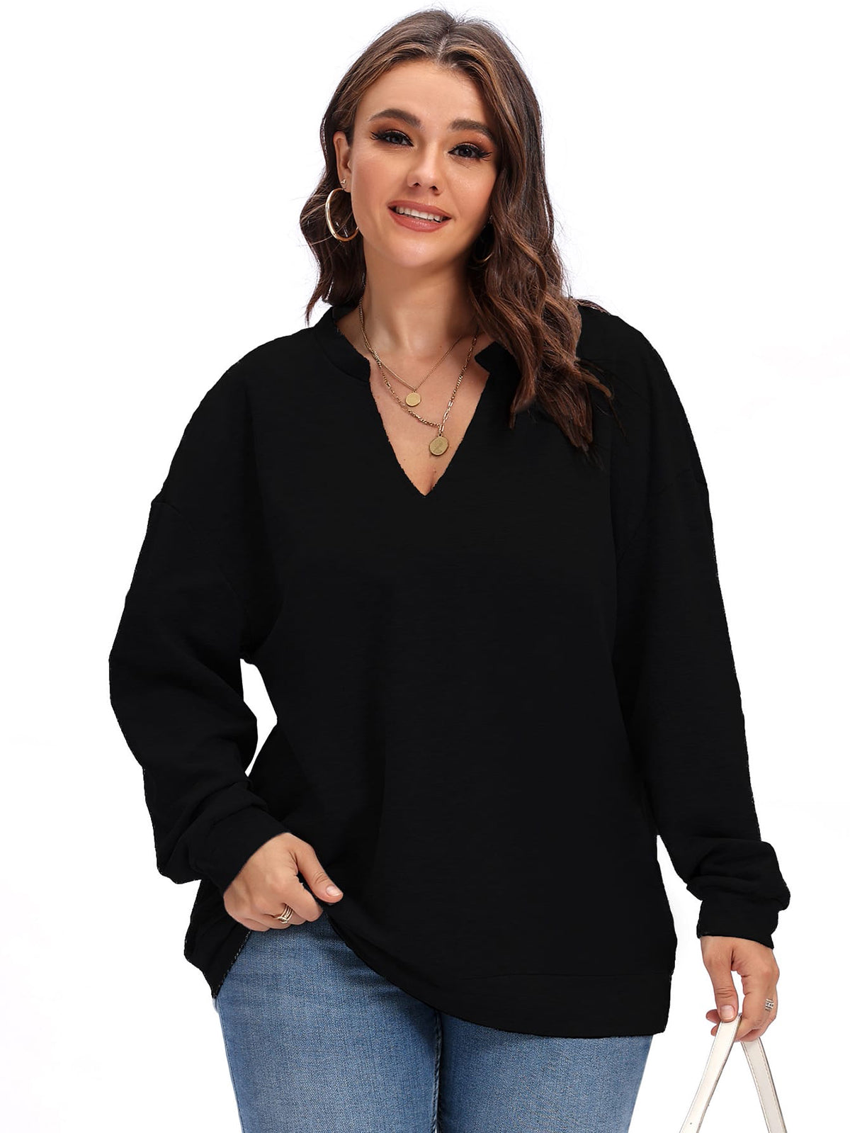 Elengatine Plus Solid V Neck Drop Shoulder Top