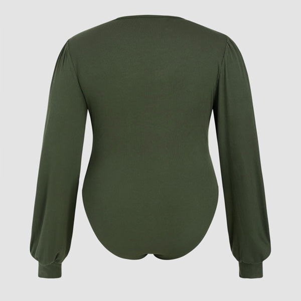 Elengatine Plus Size Long-sleeved Green Top V-neck Fashion