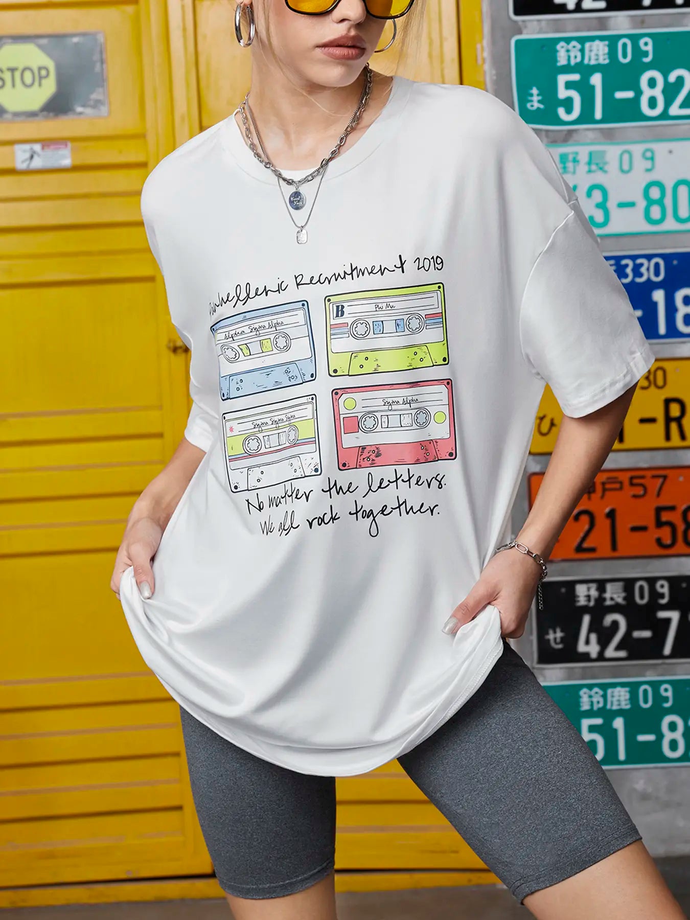 Elengatine Tape & Letter Graphic Printing Drop Shoulder Tee