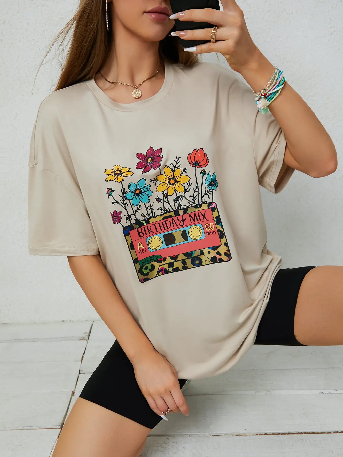 Elengatine Followers Graphic Printing Drop Shoulder Tee Causal