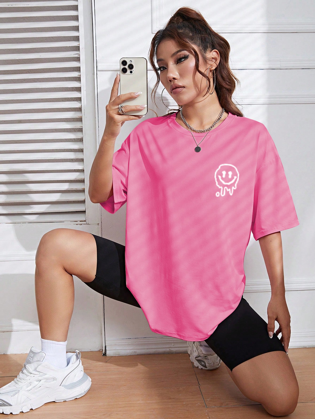 Elengatine Barbie Pink Smile Printing Oversized Drop Shoulder Tee