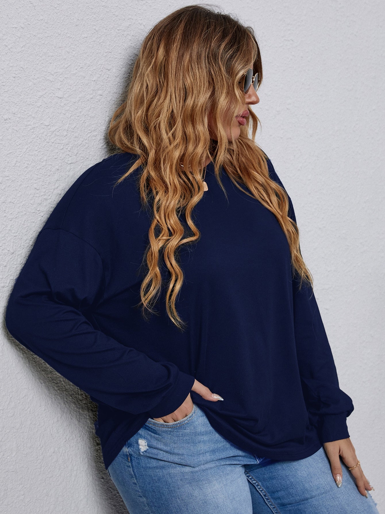 Elengatine Plus Solid Navy Blue Button Top