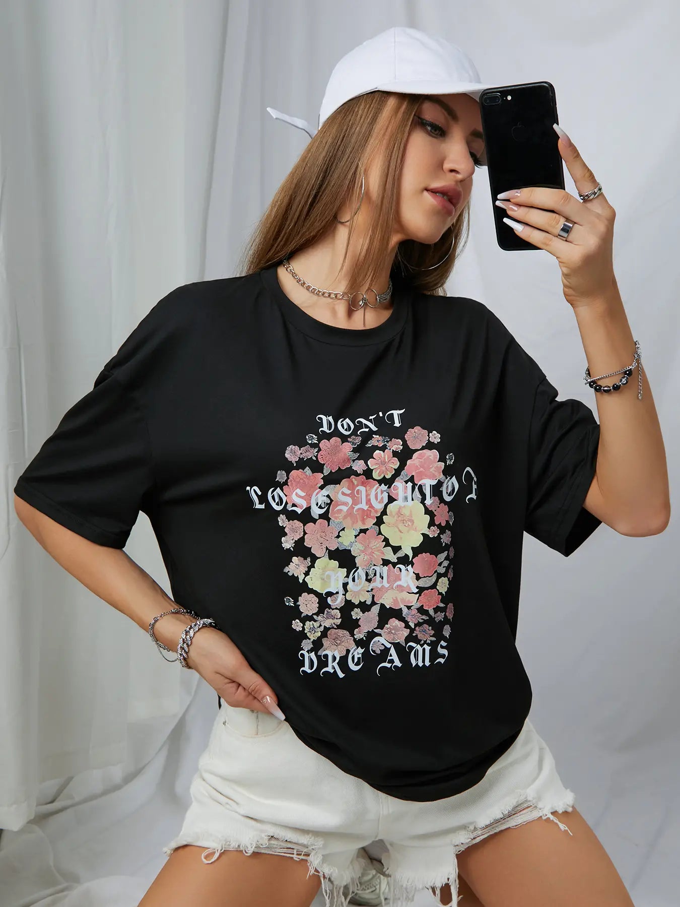 Elengatine Lovely Followers Graphic Printing Drop Shoulder Tee